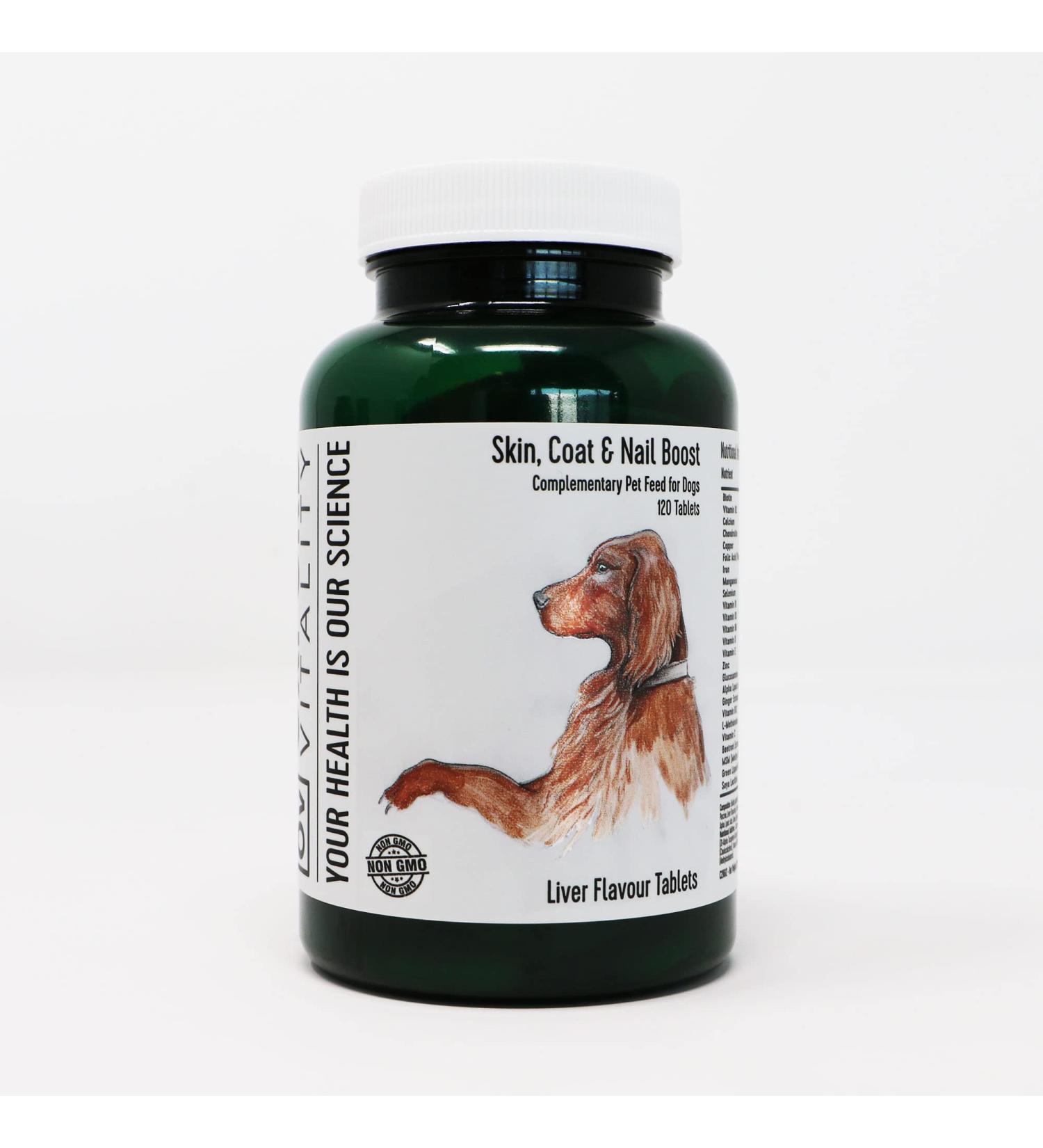 Skin Coat and Nail Boost Tablets for Dogs | With Vitamins ALA Plant Extracts and Amino Acids | Suitable for All Breeds | Chewable | Liver Flavour | UK Manufactured | Oxford Vitality (120 Tablets) - Buy Online on GoSupps.com