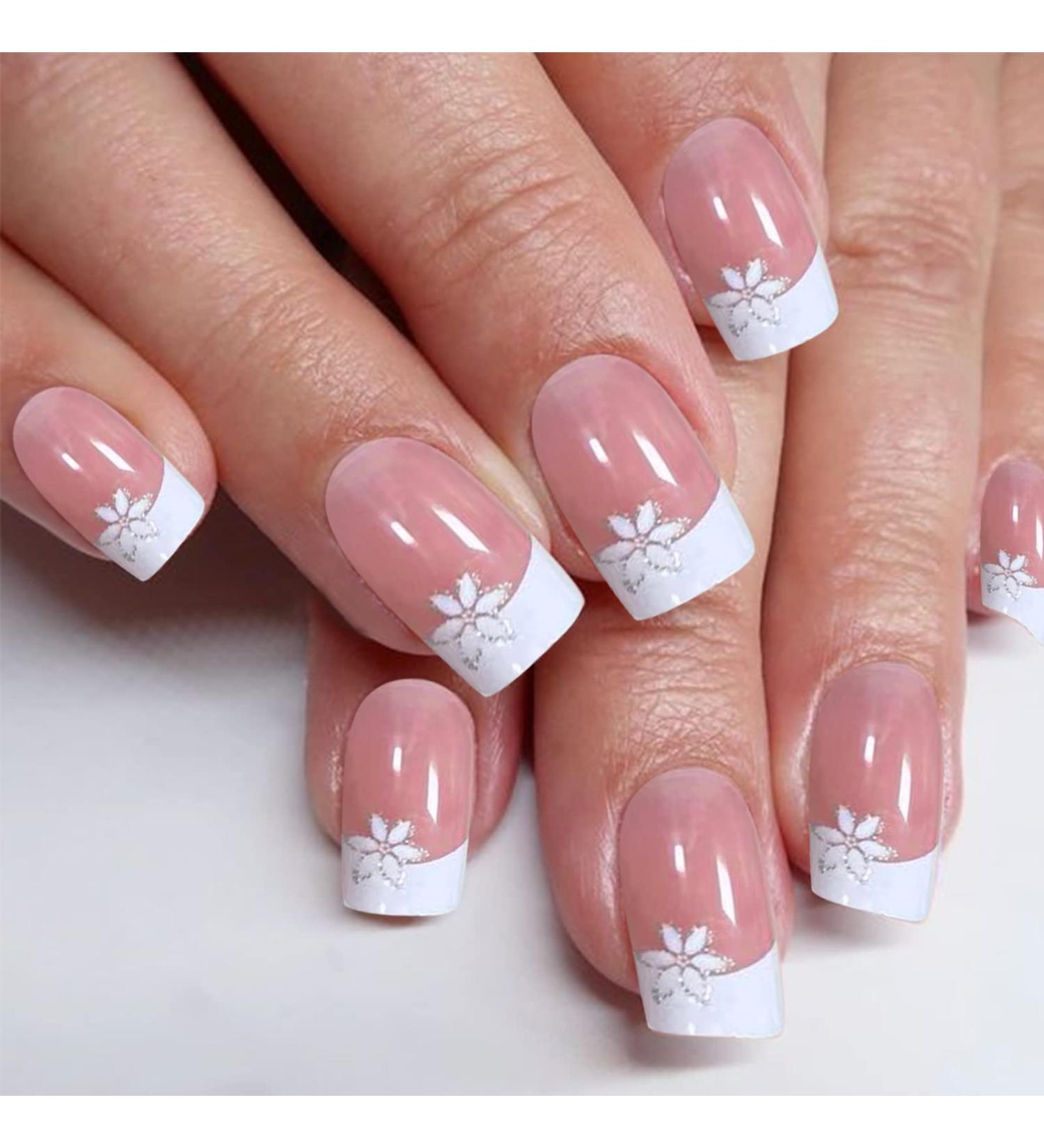 YOSOMK French Flower Square Short Press On Nails - Glossy Stick On Acrylic False Nails for Women - Buy Online on GoSupps.com