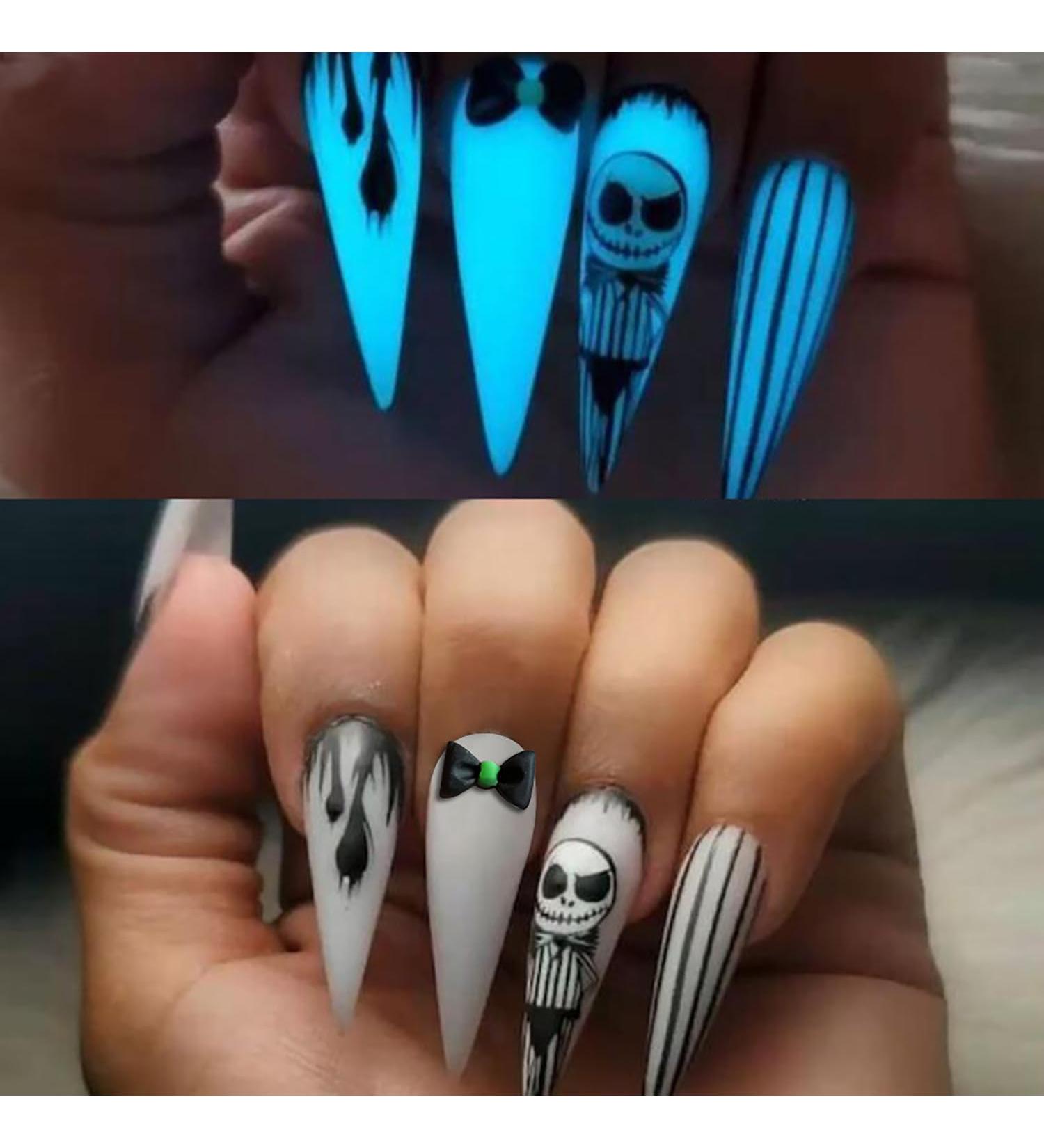 24 Pcs Halloween Press on Nails - White Stiletto Full Cover with Ghost Designs | Luminous Matte False Nails for Women & Girls - Buy Online on GoSupps.com
