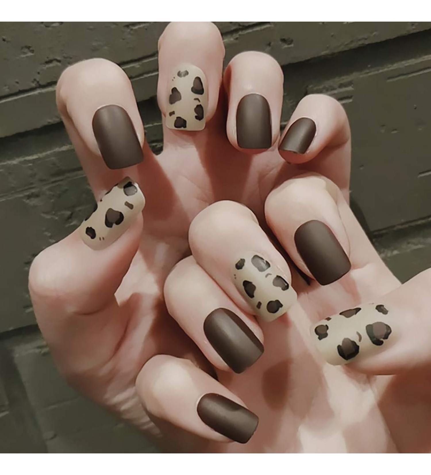 Sethexy Short Square Leopard Pattern Brown Matt False Fingernails - Complete Cover Acrylic Press-On Nail Tips for Women & Girls | International Shipping - Buy Online on GoSupps.com