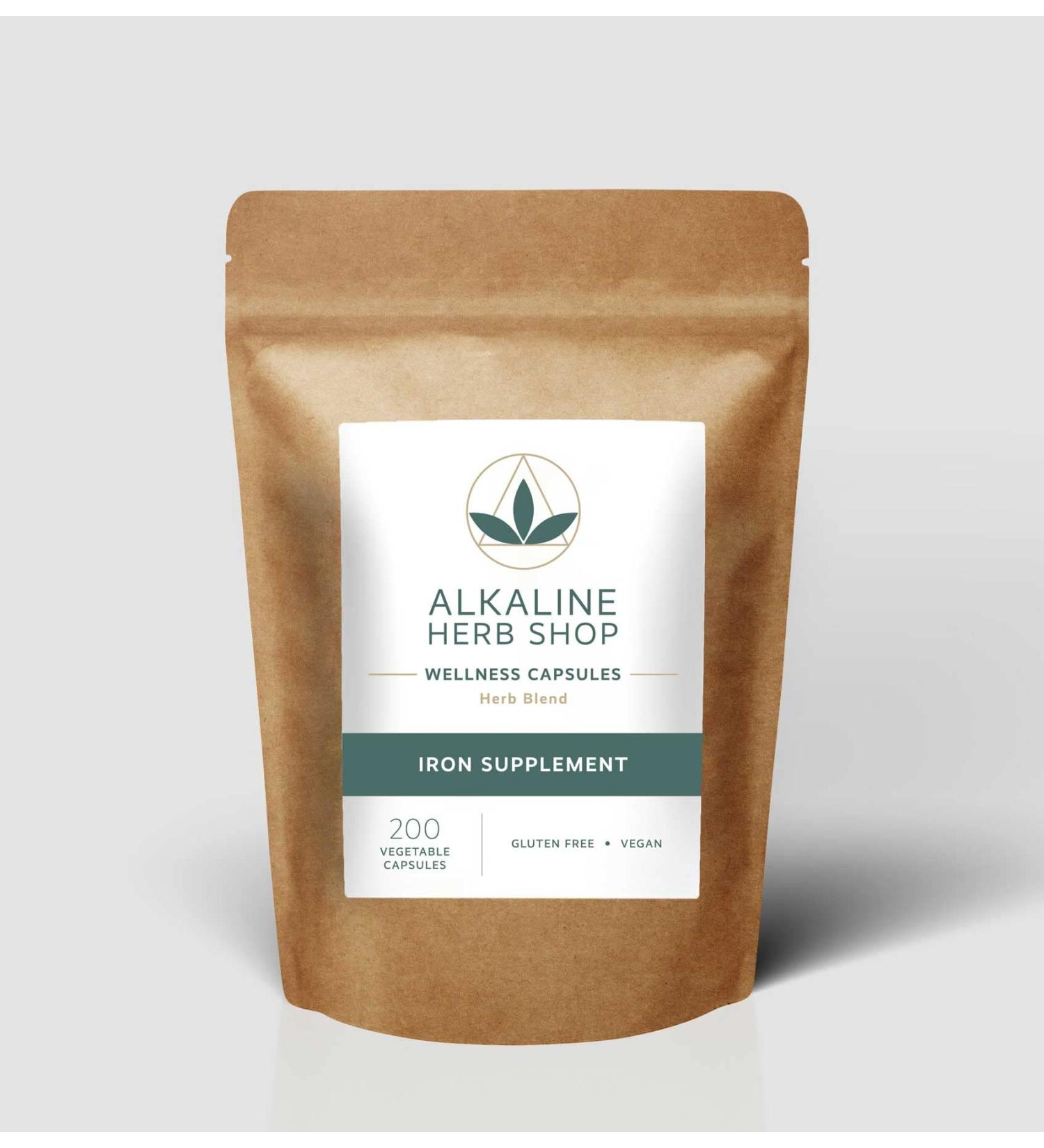 Alkaline Herb Shop - Iron Supplement - Made with Natural Wildcrafted & Organic Herbs - Burdock Root Nettle Blessed Thistle Quassia Guaco & Dandelion Root - Vegan - Gluten-Free - 200 Veg Capsules