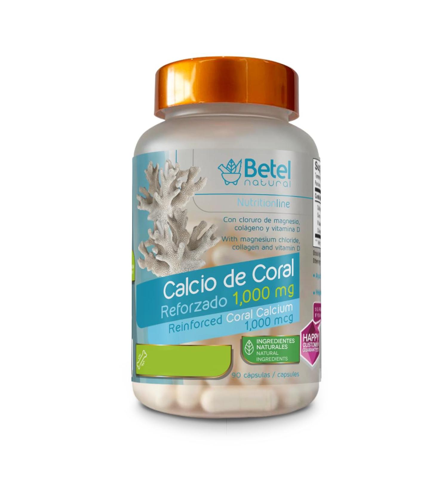 Premium Calcio de Coral Reforzado by Betel Natural - Healthy Supplement for Healthy Strong Bones - 90 Capsules
