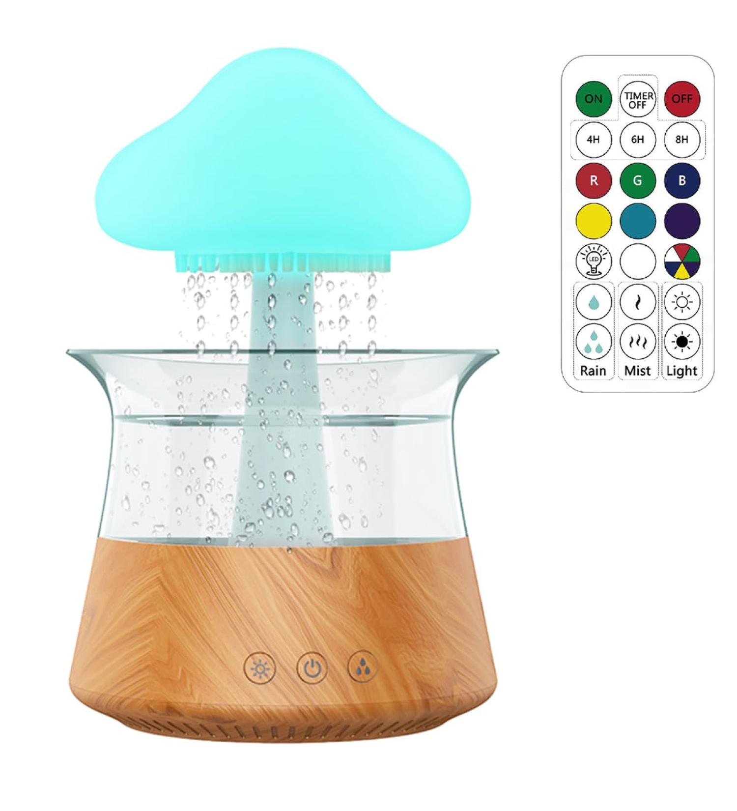 Rain Cloud Humidifier with Remote Controller | 7 Light Colours | Timer | 3-in-1 Aroma Diffuser | Multifunctional Mushroom Rain Lamp | Wood Finish - Buy Online on GoSupps.com