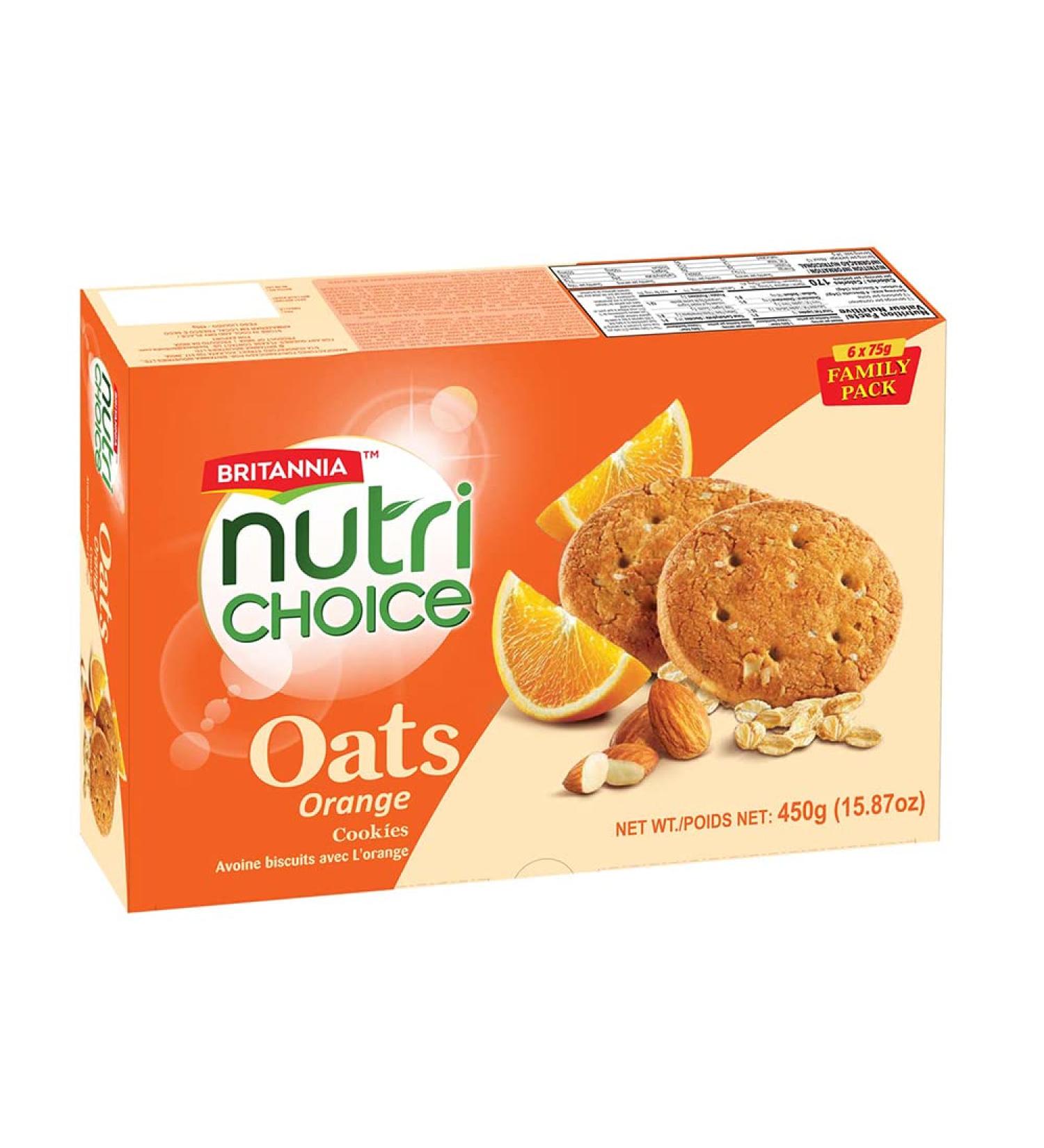 Britannia NutriChoice Oats Orange 15.87oz (450g) - Breakfast & Tea Time Snacks - Crunchy Healthy and Delicious - Suitable for Vegetarians (Pack of 1)