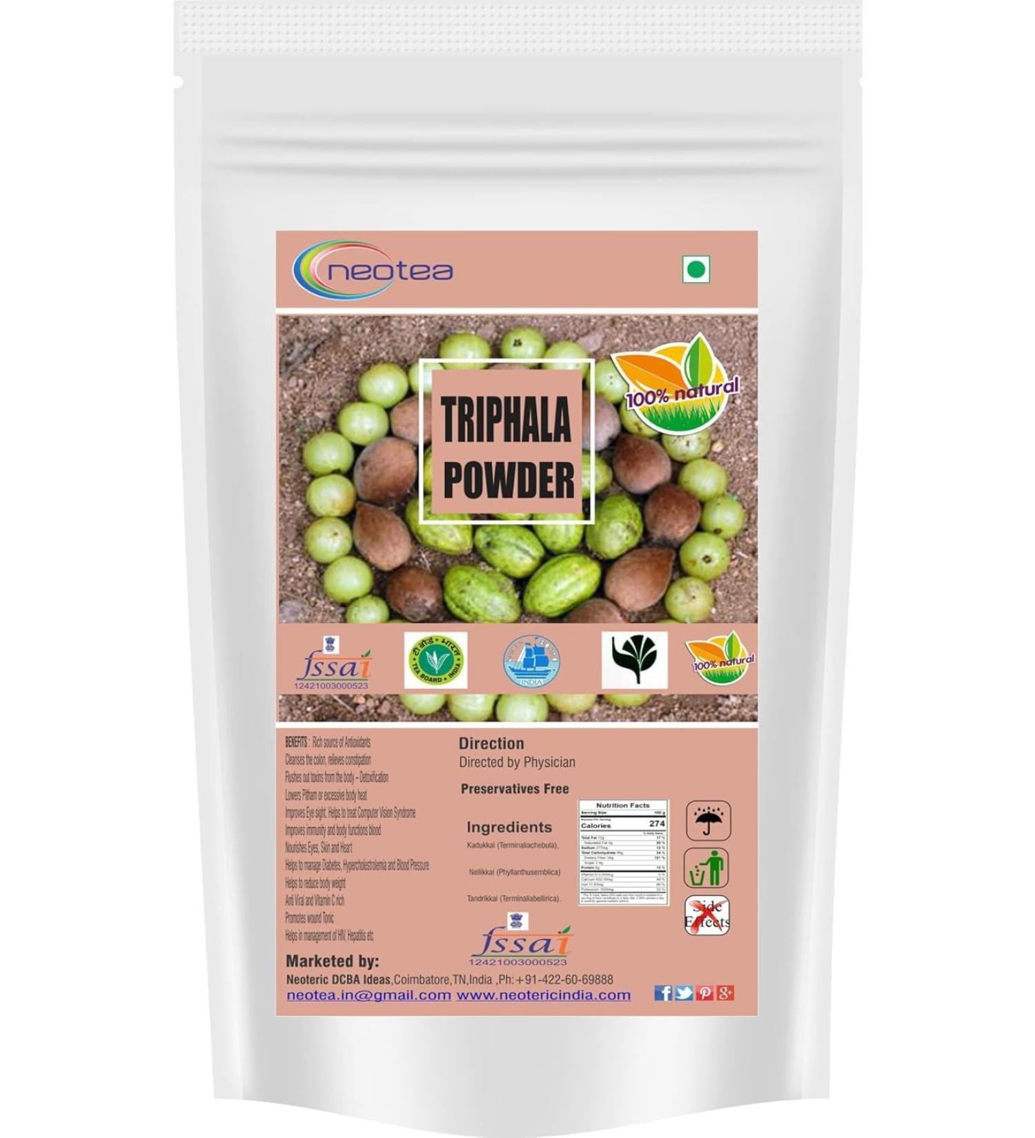neotea Organic Triphala Powder | Blend of Amla, Bibhitaki & Haritaki | 100% Natural | Vegan | Non-GMO | Herbal Supplement | Product of India (100 GM(3.52 OZ)) - Buy Online on GoSupps.com