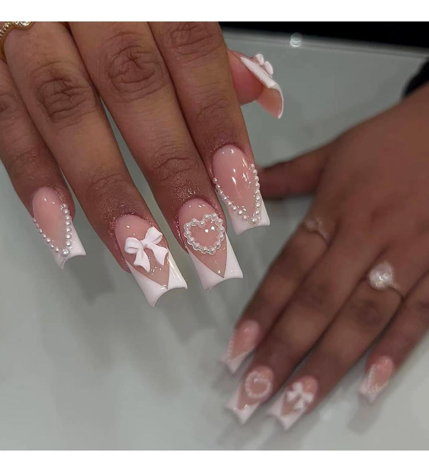 24 Pcs Pink Press on Nails - Summer Fake Nails with White French Tips & Bow Charms | SHANRUN Medium Square Full Cover Acrylic Nail Kit - Buy Online on GoSupps.com