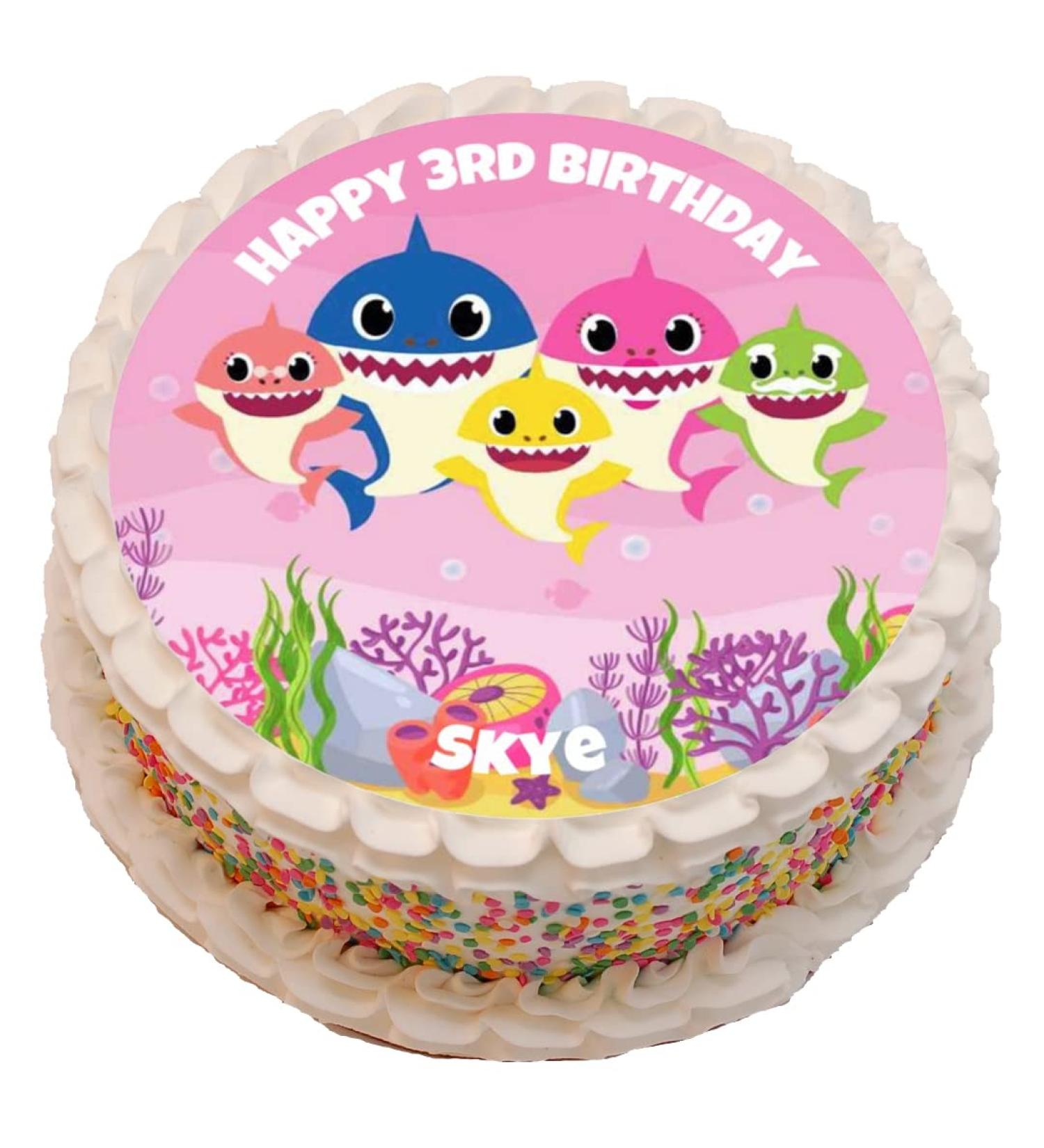 Cute Shark Personalised PRECUT Cake Topper 8 Inch Round Edible Icing Sheet Birthday Decoration