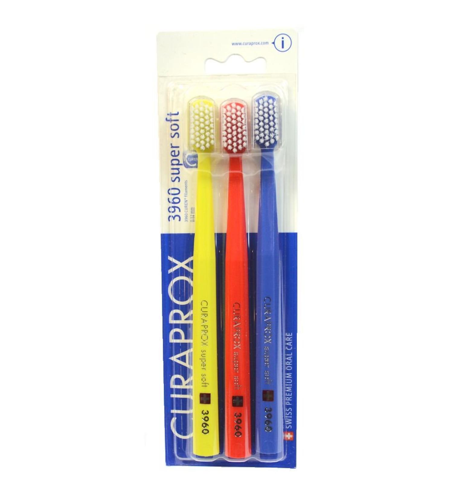 Curaprox 3 x toothbrush CS 3960 Super Soft Soft - Hand toothbrush for adults with 3960 Super Soft Curen bristles - 3 pieces random color