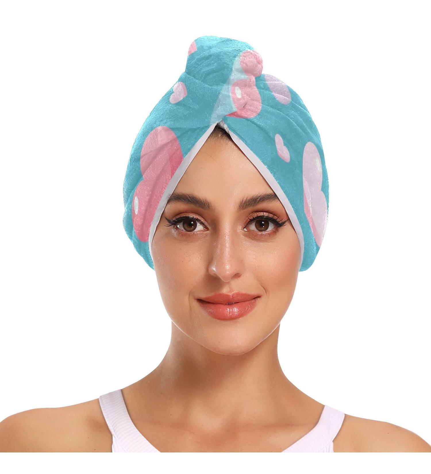 Pink Love Heart Blue Hair Towel 2 Pack - Super Absorbent Quick Dry Turbans for Women & Girls - Buy Online on GoSupps.com