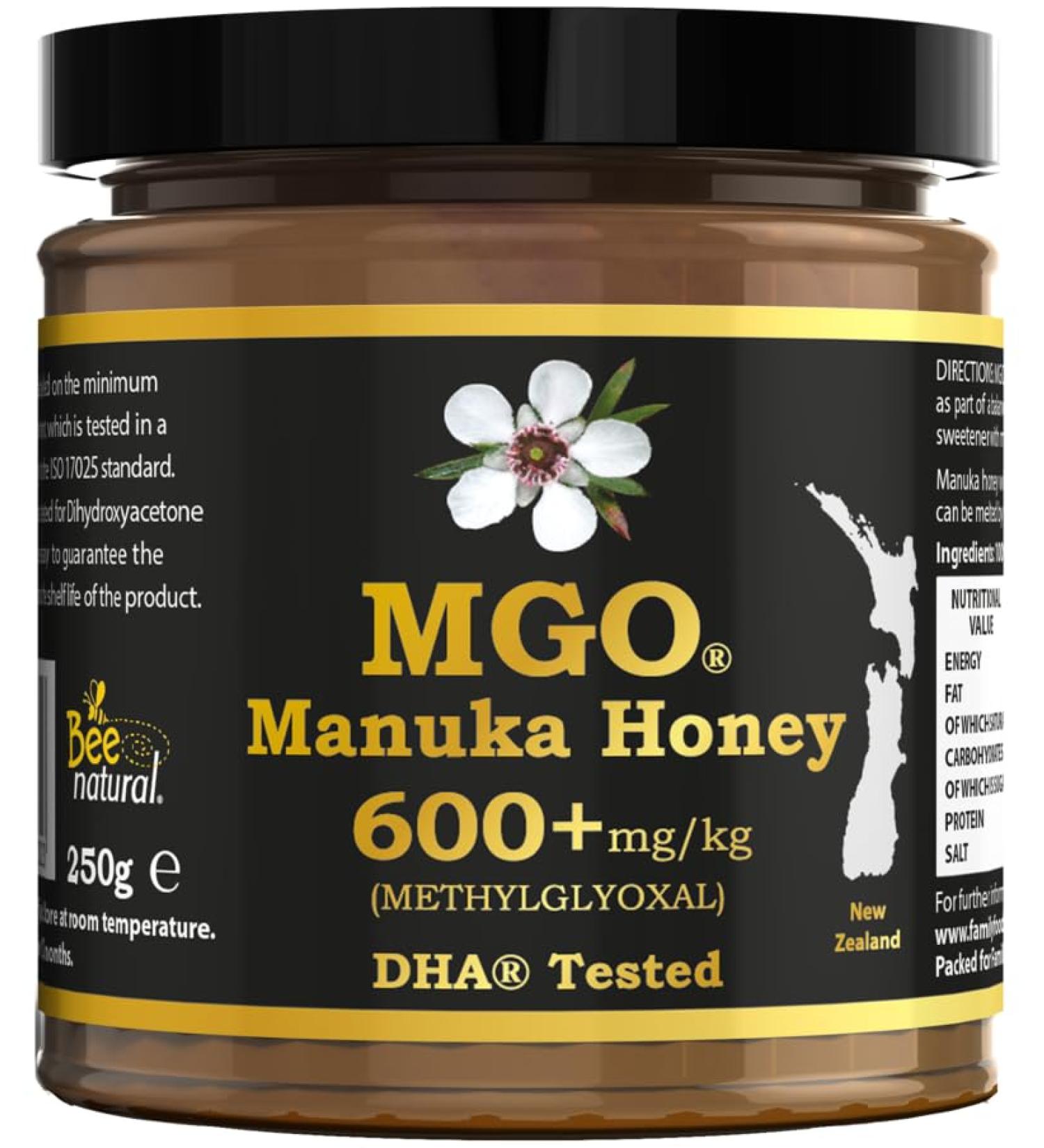 Family Foods Bee Natural MGO 600+ Manuka Honey in an environmentally friendly real glass jar made of uncoloured glass Premium Monofloral Manuka Honey from NZ MGO 400 UMF 12 514 550 UMF 15 600 UMF 16 1x 250G - Buy Online on GoSupps.com