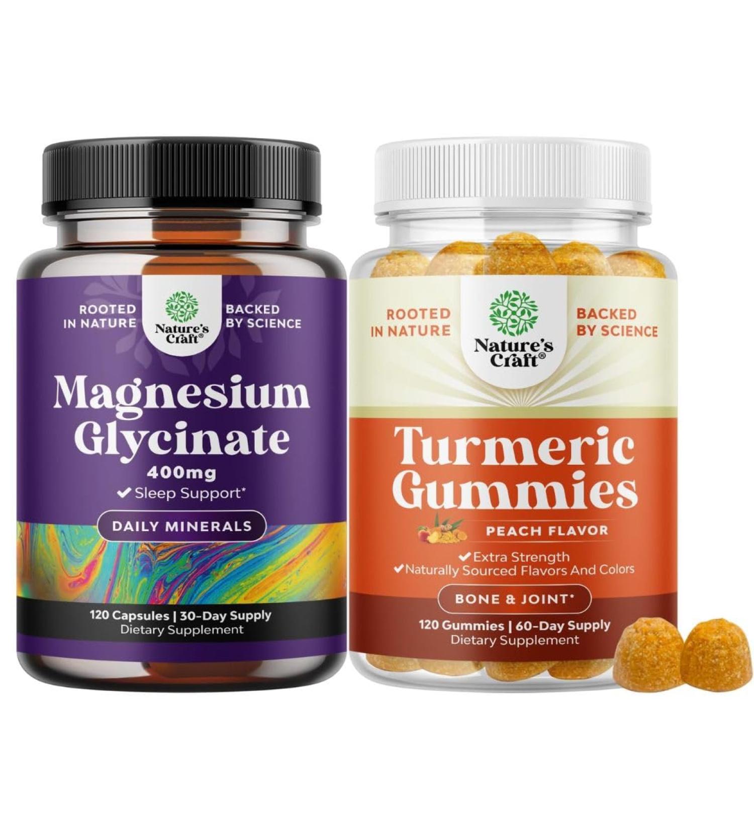 Bundle of Pure Magnesium Glycinate Supplement 400mg Per Serving for Mood Sleep & Relaxation Support and Turmeric Gummies for Adults Peach Flavor with Turmeric Curcumin Black Pepper Extract Ginger - Buy Online on GoSupps.com