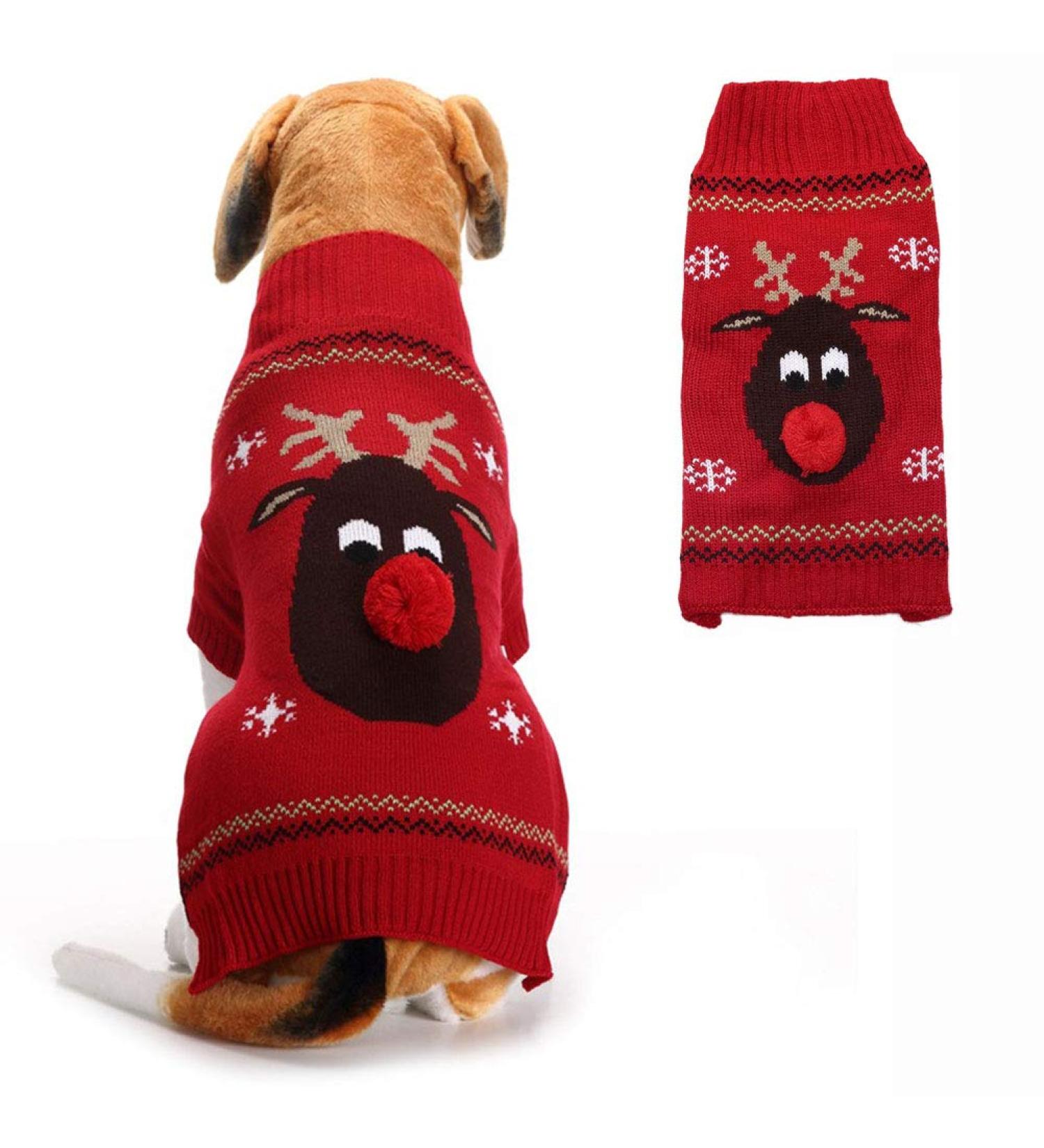 Christmas Dog Sweater - Warm Turtleneck Knitwear for Puppies | Holiday Pet Gift - Red Moose Pattern - Buy Online on GoSupps.com