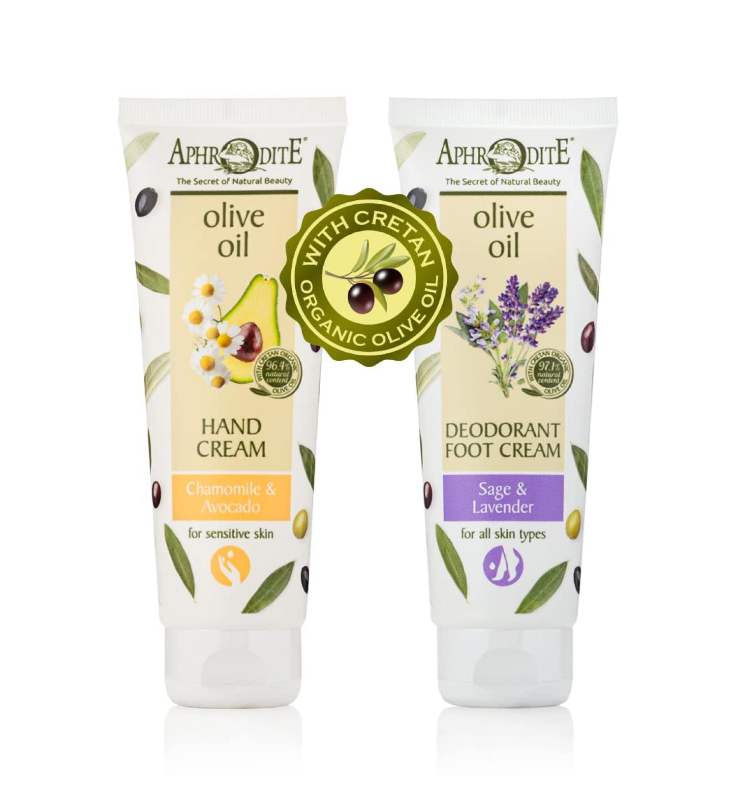Aphrodite Hand & Foot Care Pack | 2 Piece Moisturiser Gift Set - Avocado & Chamomile Hand Cream & Sage & Lavender Foot Cream - Perfect for Gifting Internationally - Buy Online on GoSupps.com