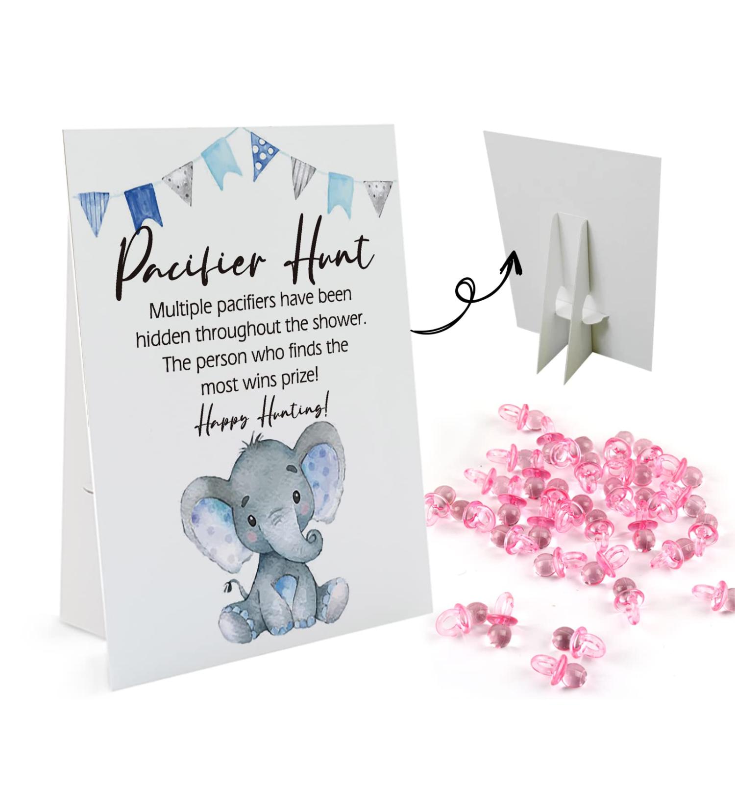 Elephant Baby Pacifier Hunt Gender Reveal Game Set - 8x10 Sign with 50 Mini Acrylic Pacifiers for Baby Shower Activities - Fun Games for Adults and Kids - Boy Baby Shower Games (BPH07) - Buy Online on GoSupps.com