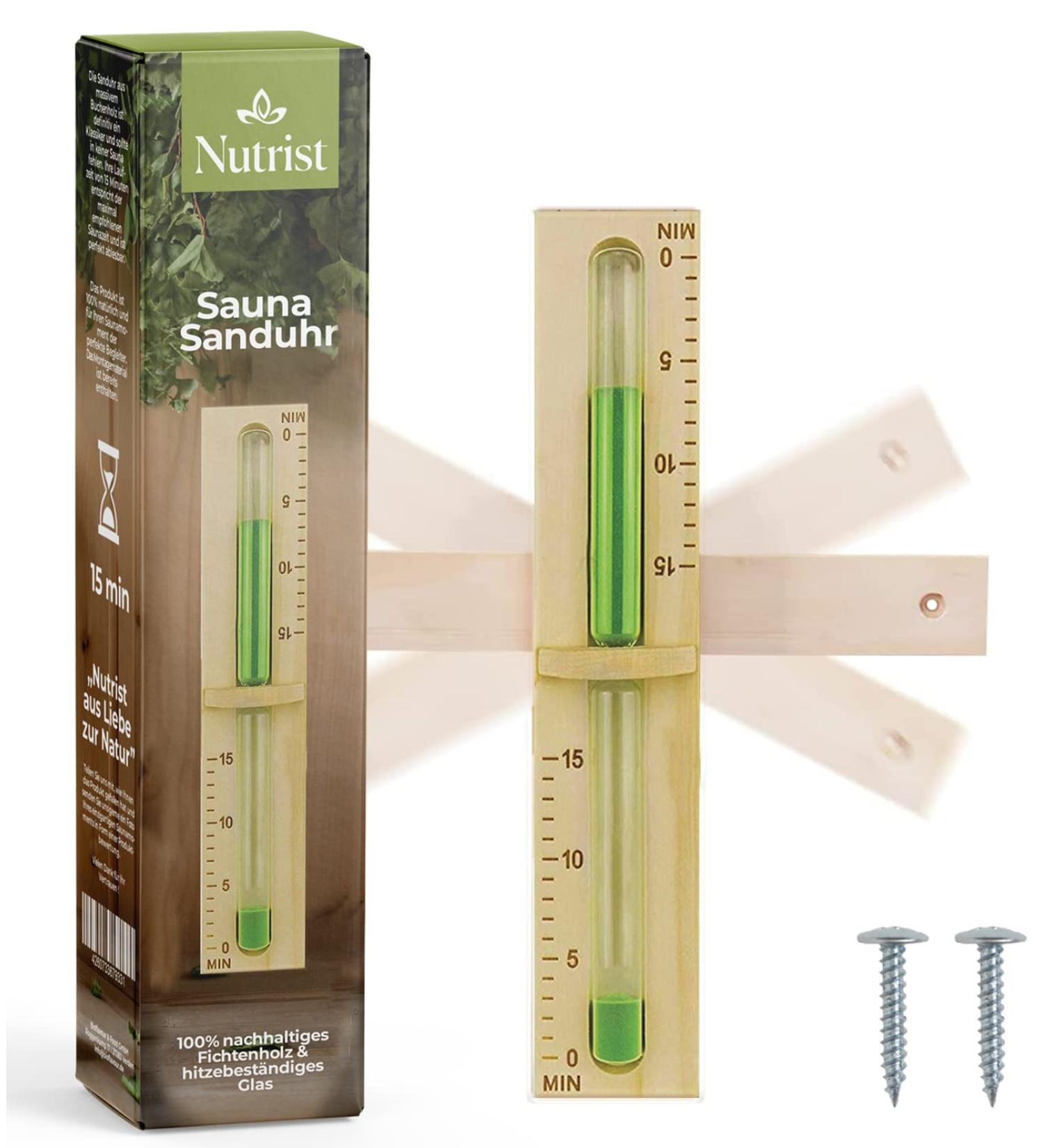 Nuttrist Sauna Hourglass - 15 Min Timer | Eco-Friendly Sand & Stainless Steel - Premium Heat Resistant Glass Sauna Tube Accessories - Buy Online on GoSupps.com