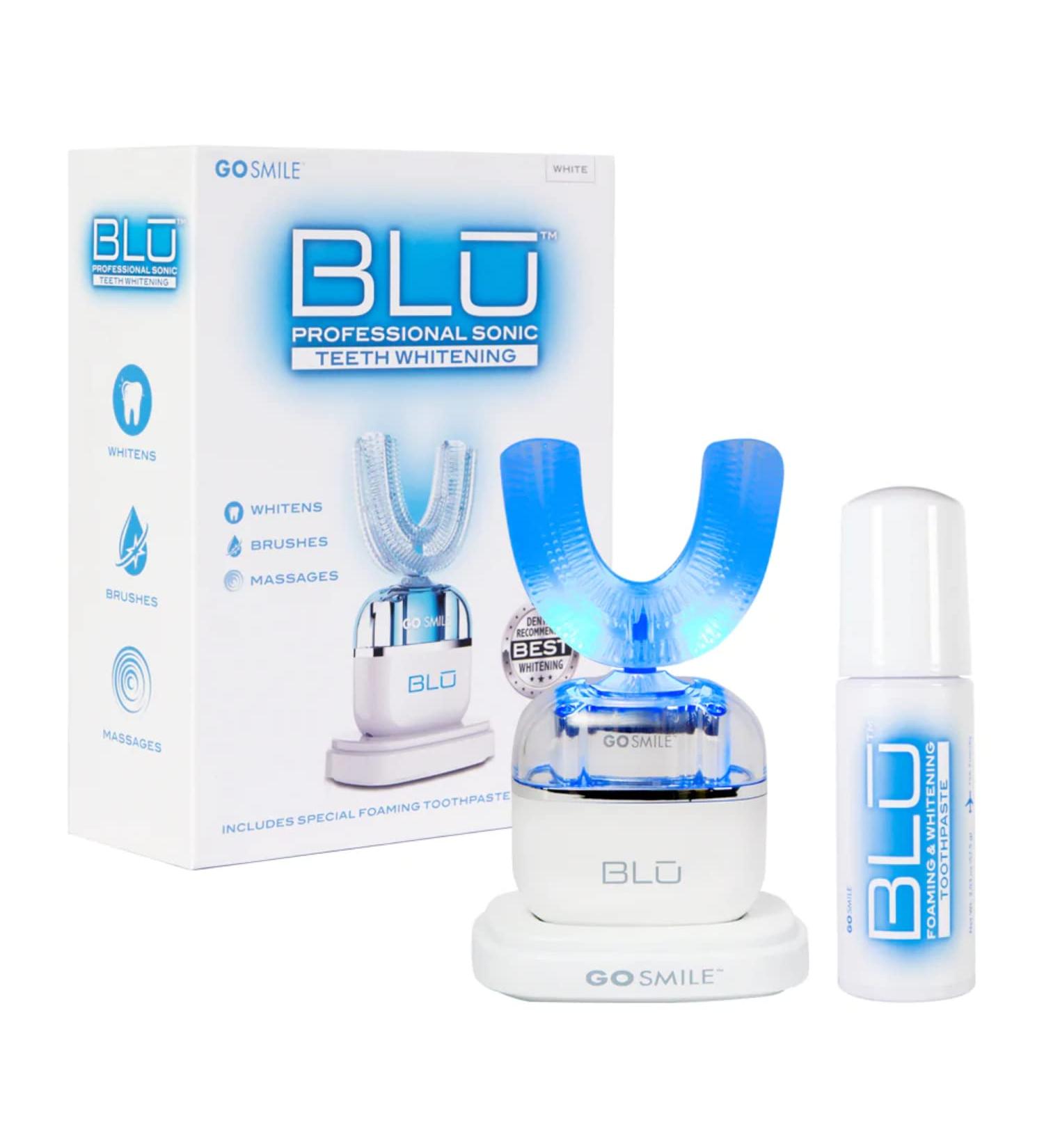 Go Smile Blu Hands-Free Teeth Whitening Toothbrush with Gum Massage and Sonic Blue Technology - White - Buy Online on GoSupps.com