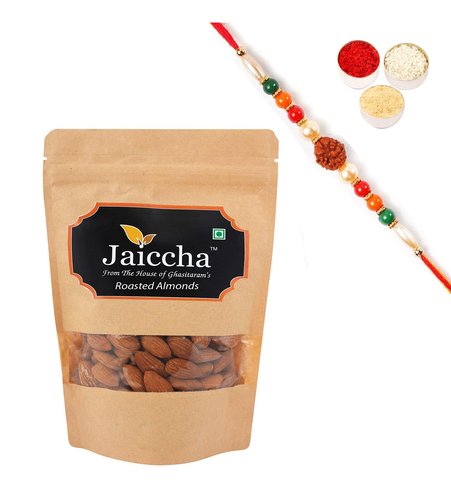 Jaiccha Ghasitaram Rakhi Gifts for Brothers Rakhi Dryfruits - Roasted Salted American/California Almonds 200 GMS in Brown Paper Pouch with Rudraksh Rakhi - Buy Online on GoSupps.com