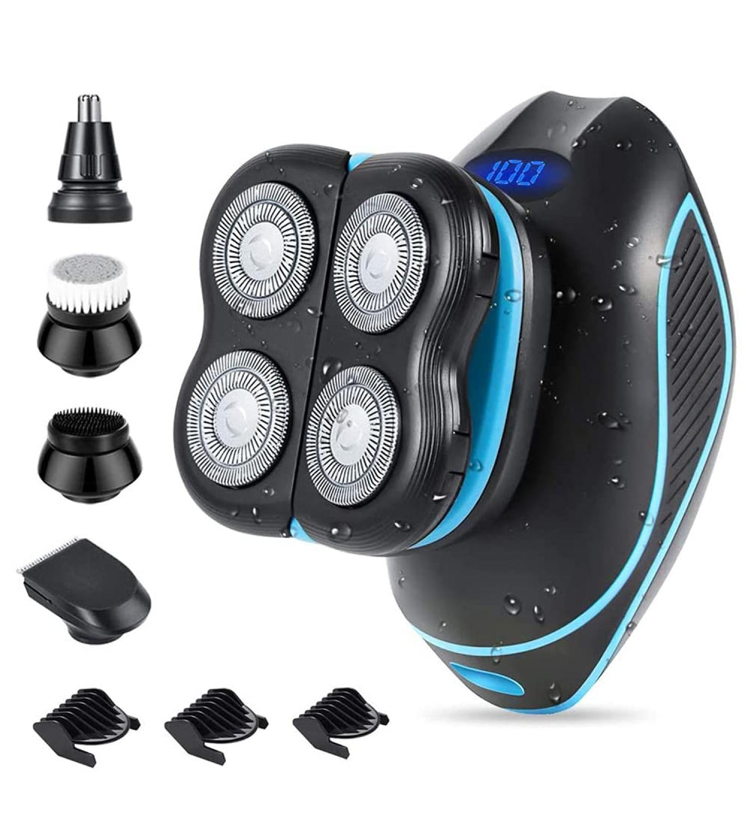 5D Floating Electric Head Shaver for Bald Men - 5 in 1 Bald Head Shaver with Hair Clippers & Facial Cleansing Brush in Blue - Buy Online on GoSupps.com