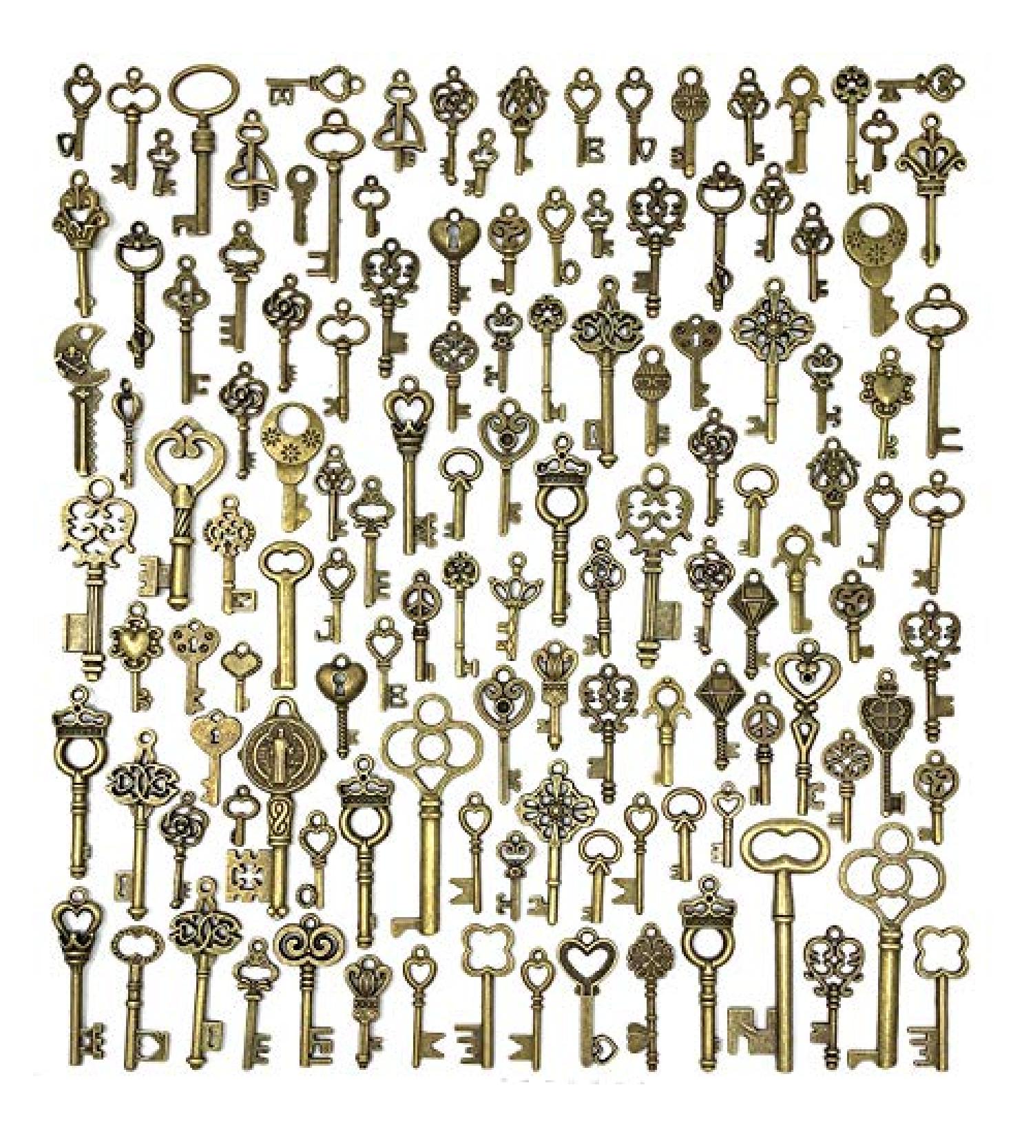JIALEEY 125 PCS Vintage Skeleton Key Set Charms - Antique Style Bronze Brass Keys for DIY Jewelry Making and Wedding Favors - Buy Online on GoSupps.com