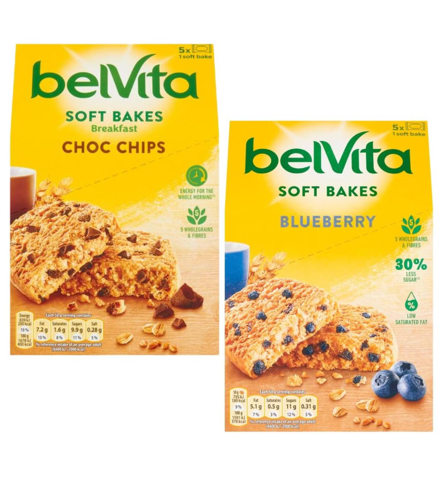 Breakfast Biscuits Bundle with Belvita Soft Bakes Choc Chips 250g and Soft Bakes Blueberry 250g (2 Pack)