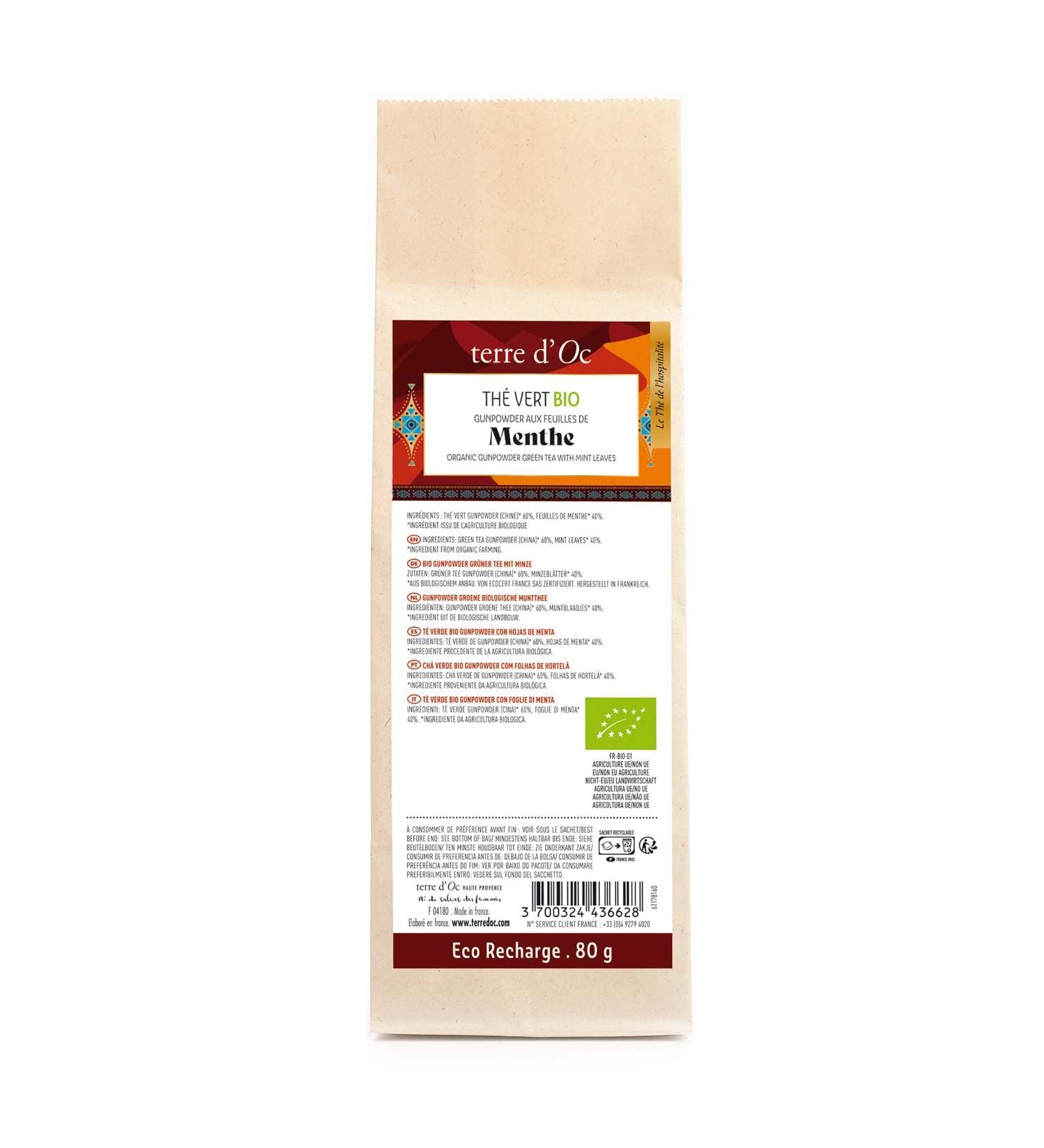 terre d'Oc - Gunpowder Organic Green Tea Refill - Mint Leaves - Loose Leaf - 80g
