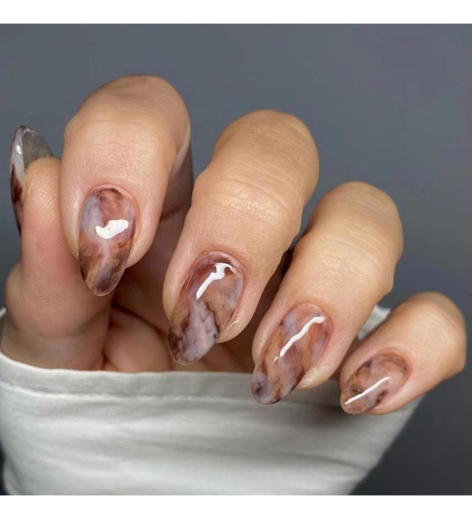 Buy Almond Press on Nails - Medium Length Oval Brown Marble Glossy Acrylic Glue on Nails for Women & Girls - Cute Almond Shaped False Nails A-12 - Buy Online on GoSupps.com