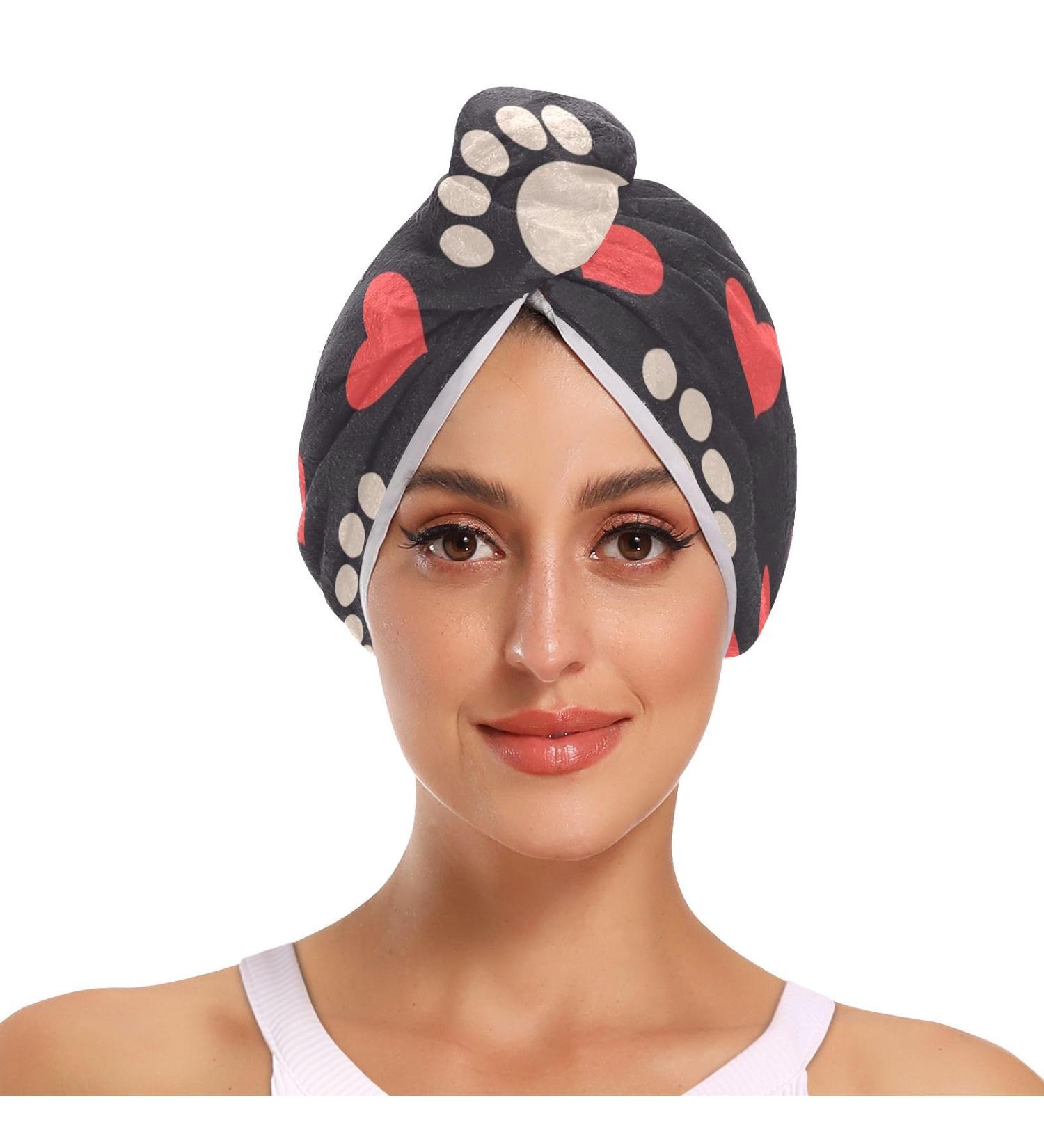 Paw Print Hair Towel 2 Pack | Super Absorbent Quick Dry Turbans with Red Hearts | Perfect for Women & Girls - Buy Online on GoSupps.com