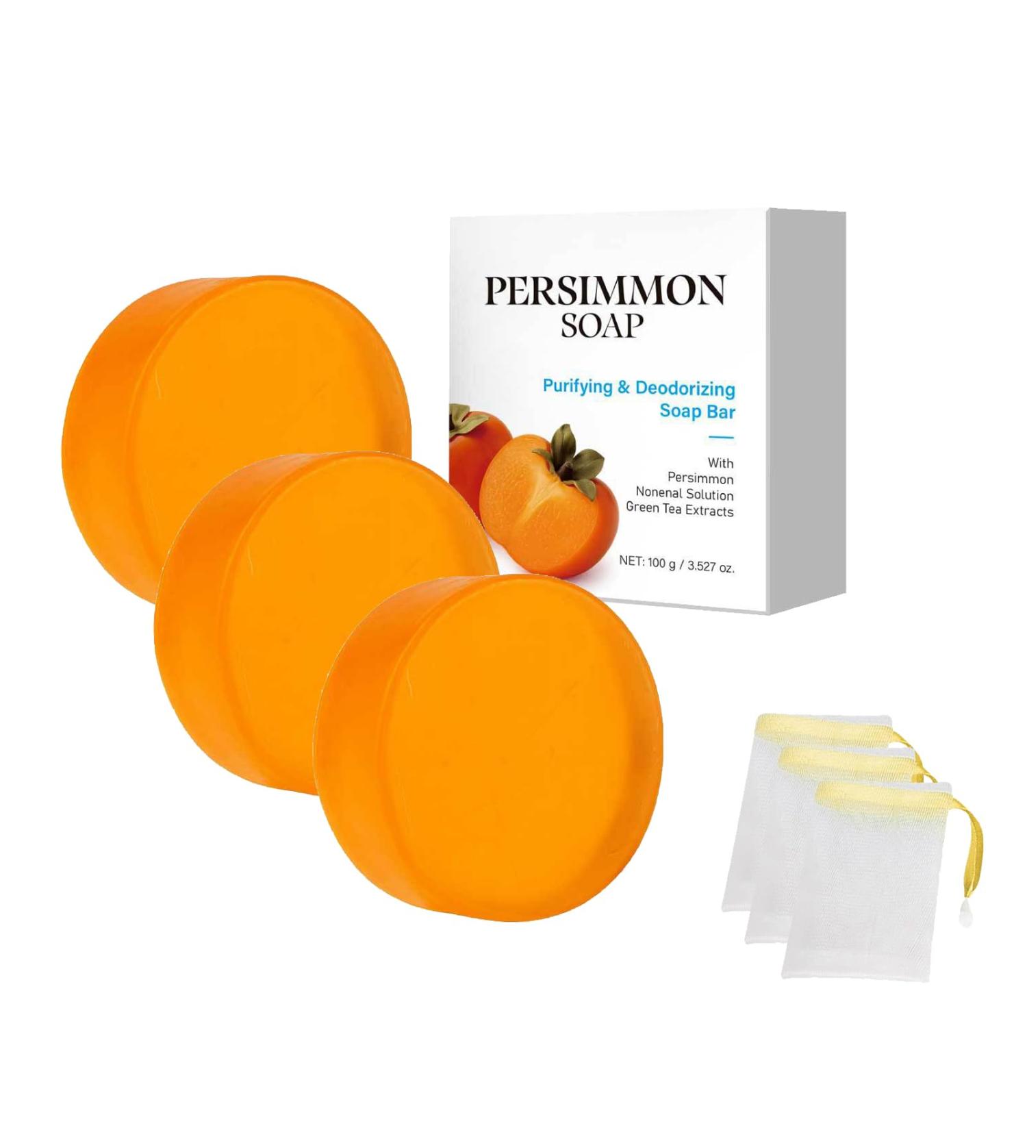  Yoelau Persimmon Soap - Natural deodorizing body soap with persimmon extract - Deeply cleanses and moisturizes - For men and women - 100 g - With foam net (3) - Buy Online on GoSupps.com