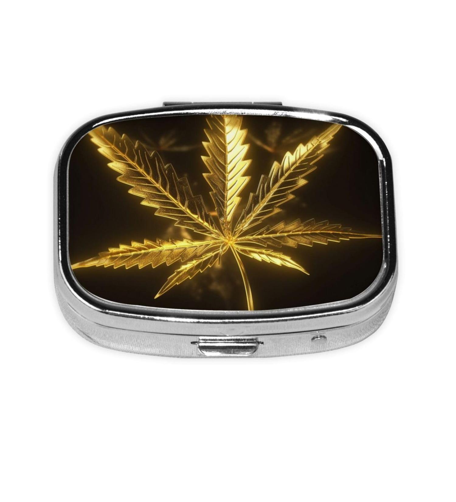 Golden Cannabis Printing Pill Case - 2 Compartment Travel Pill Box for Purse & Pocket | Cute Travel Organizer Gifts - Buy Online on GoSupps.com