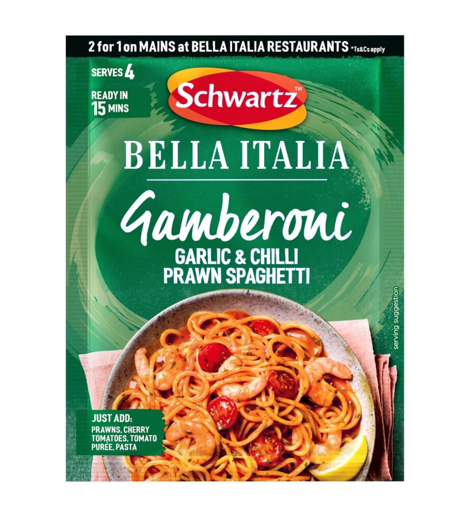 Schwartz x Bella Italia Gamberoni Garlic & Chilli Prawn Spaghetti Recipe Mix 35g - Buy Online on GoSupps.com