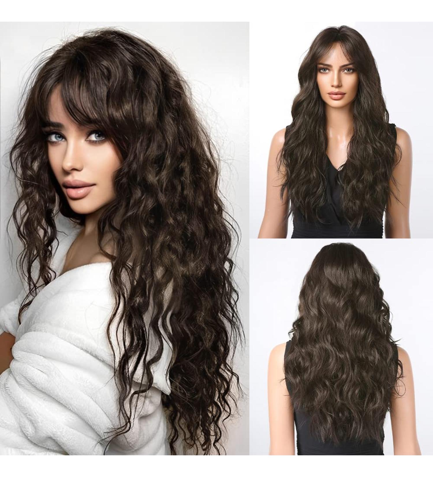 HAIRCUBE Long Brown Wavy Wig for Women | Synthetic Hair Wig with Bangs | Everyday Style & Comfort - Buy Online on GoSupps.com