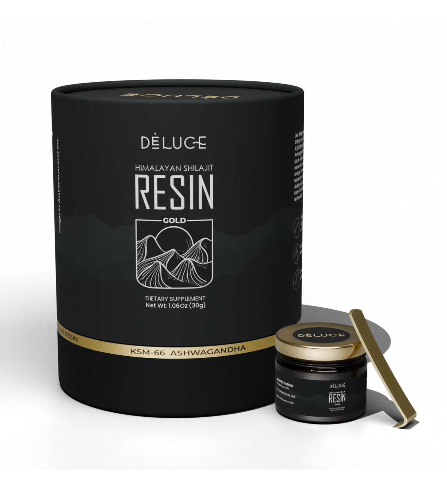 Deluce Himalayan Shilajit Resin Gold (30g) | 600mg Premium Shilajit with KSM-66 Ashwagandha Safed Musli Gokshura | Strength Stamina & Immunity Support | Lab-Tested Vegan Gold Grade - Buy Online on GoSupps.com