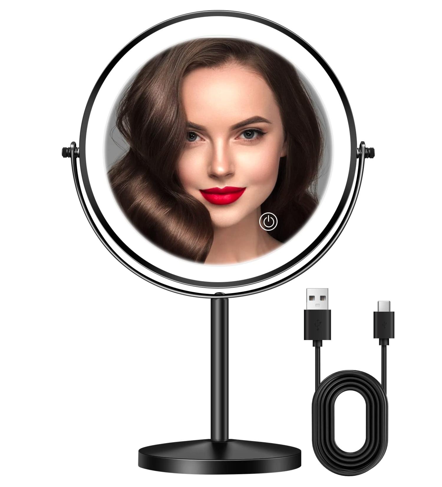 TOLOYE 8Inch Rechargeable Lighted Makeup Mirror - 1X/10X Magnification, 360 Rotation, Touch Sensor Dimming, Double Sided - Black - Buy Online on GoSupps.com