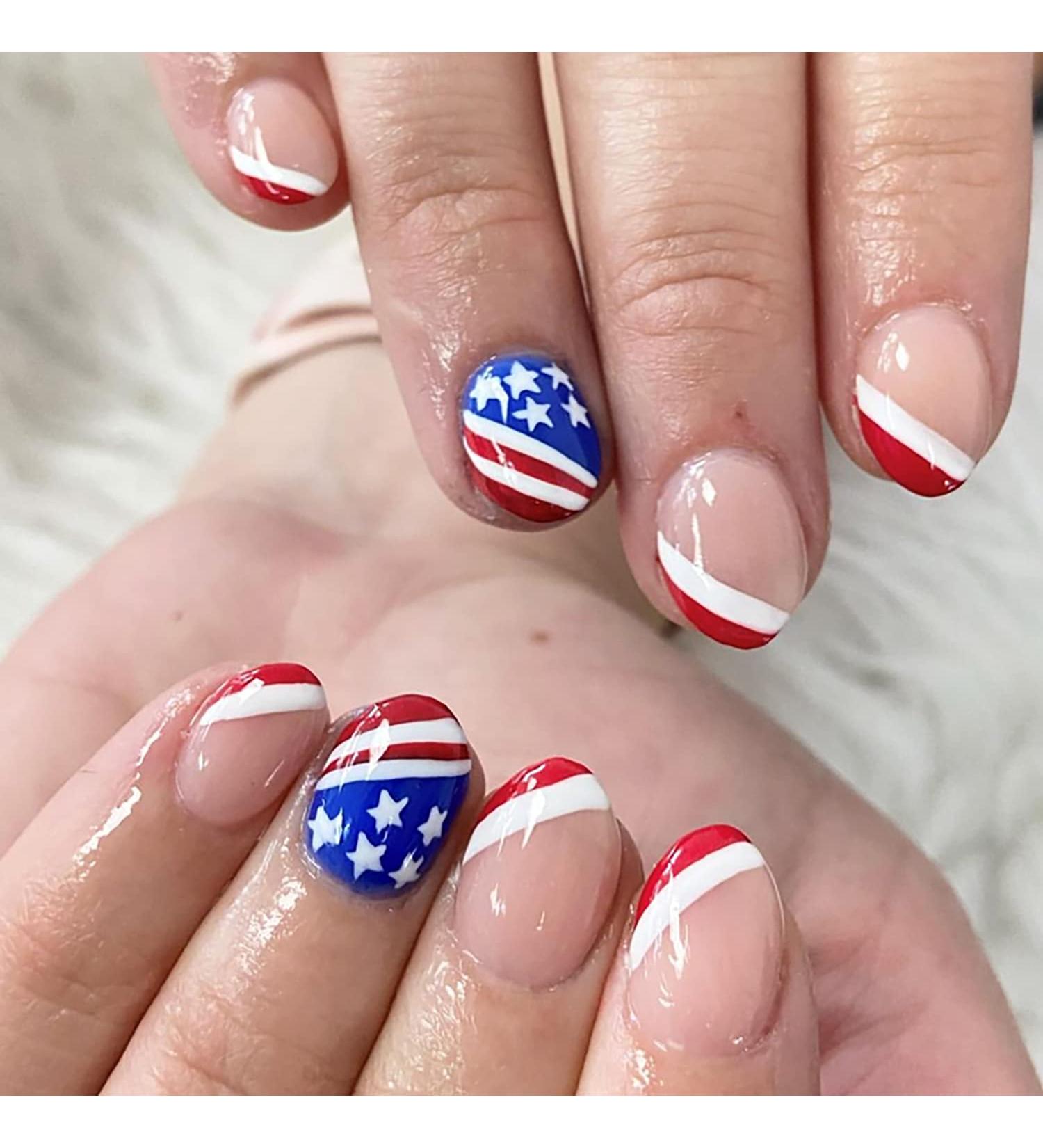 July 4th Almond Press On False Nails Set - Independence Day Glue On Fake Nails - Pointed Design for Women - Z207 - Buy Online on GoSupps.com