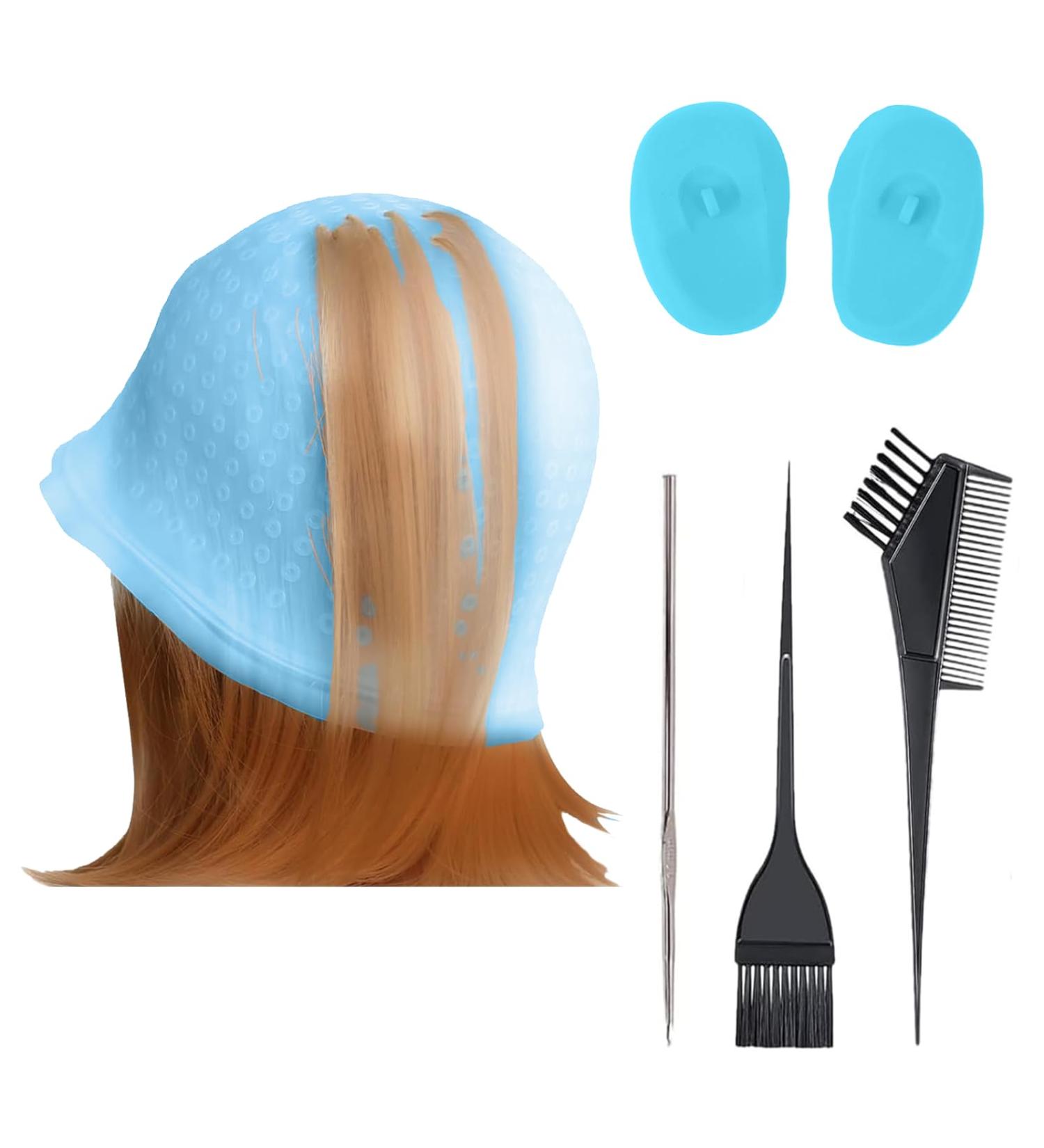 Silicone Highlight Cap Kit Hair Dye Cap with Hook Needles Hair Dye Comb and Earmuffs Streaking Cap Hair Highlighting Cap and Hook Kit Hairdressing Dyeing Staining Tools for Women Men - Buy Online on GoSupps.com