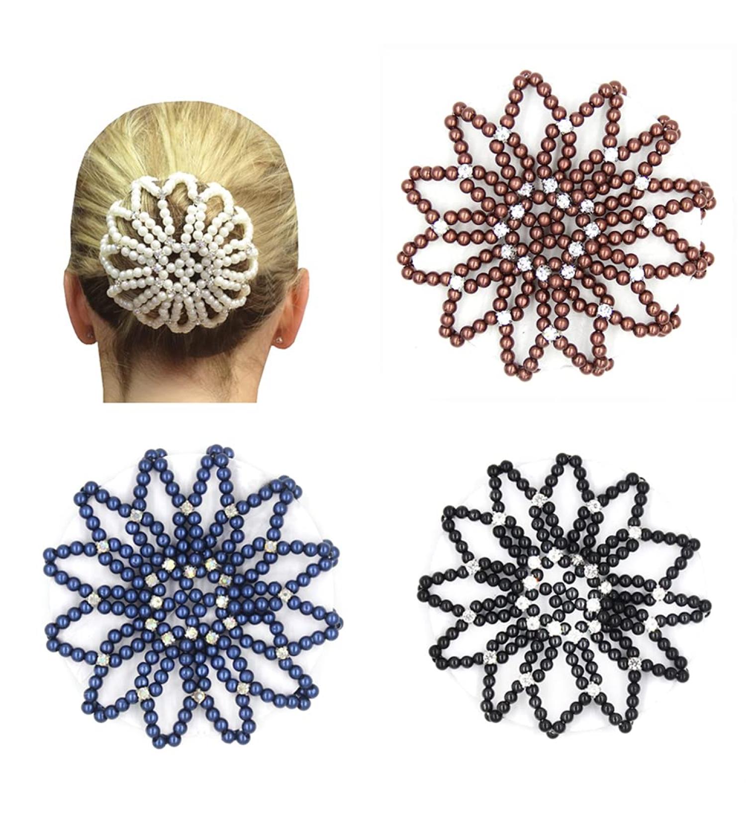 Handmade Elastic Crochet Mesh Bun Cover with Rhinestone Holder - Set of 4 | Perfect for Ballet, Dance, Sports, and Daily Wear - Buy Online on GoSupps.com