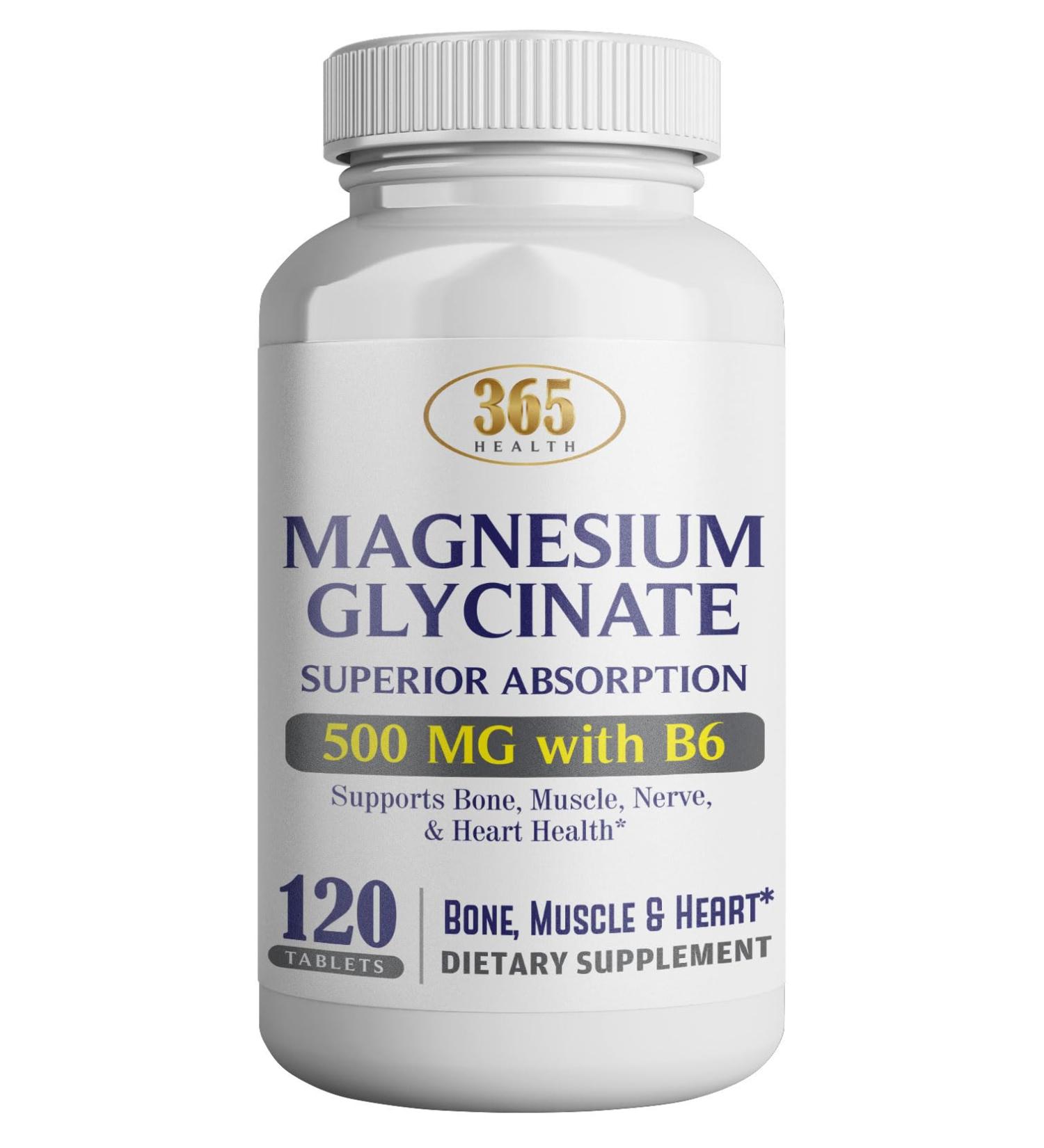 365 Health Magnesium Glycinate 500mg per Tablet - 120 Vegetarian Tablets- Added B6 for Maximum Absorption - Supports Muscle Joint and Heart Health Premium Grade Non-GMO & Gluten Free - Buy Online on GoSupps.com