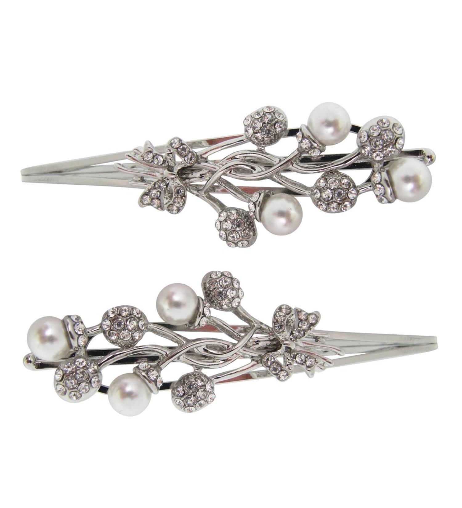 Pair of Silver Crystal and Pearl Clips/Bridal Hair Slides Bobby Pins/Wedding Hair Pins