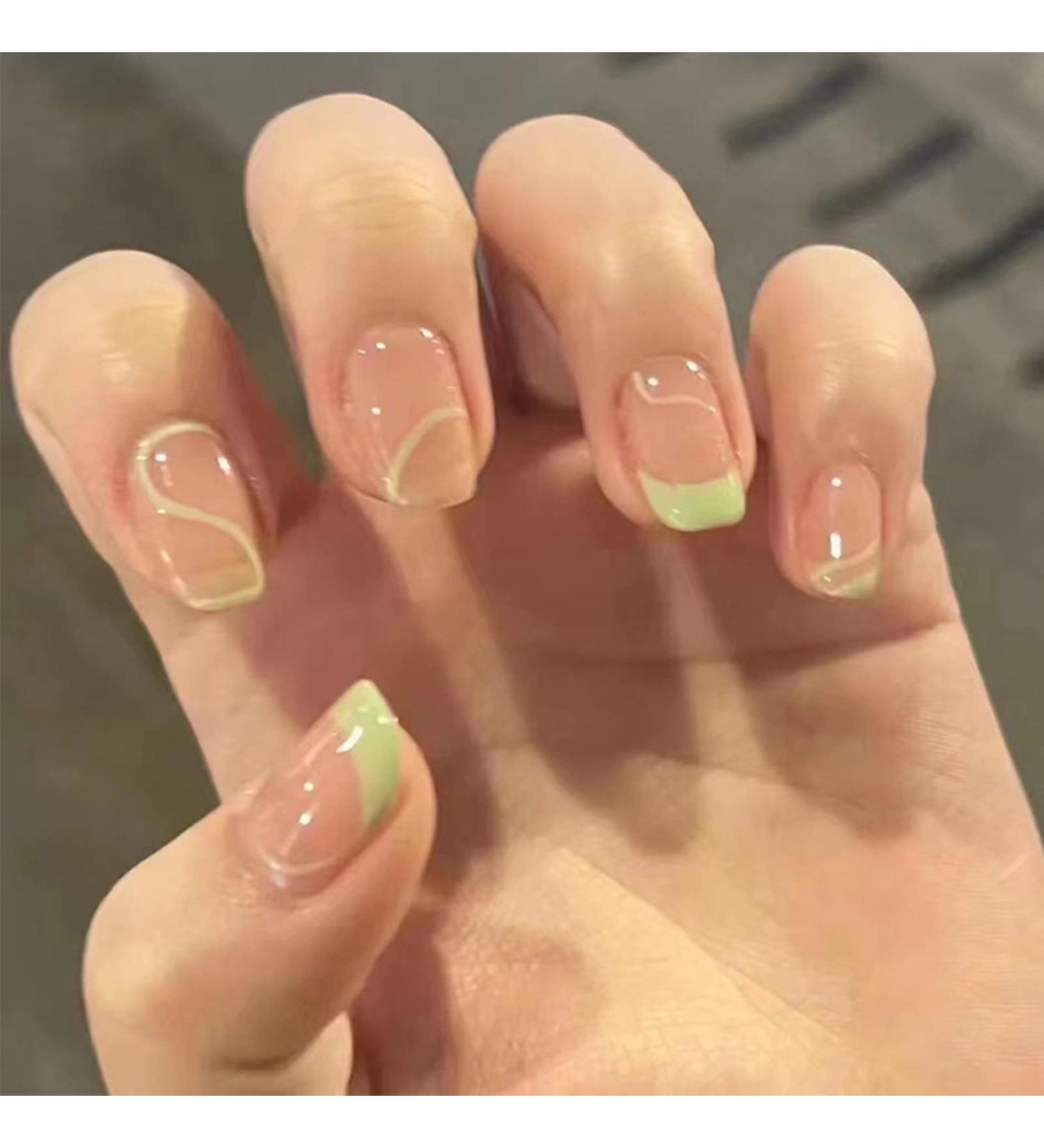 Justotry 24 Pcs Green & Nude Swirl Fake Nails - Short Stick on Nails with Designs for Women | Acrylic Square False Nails with Glue for Nail Art - Buy Online on GoSupps.com