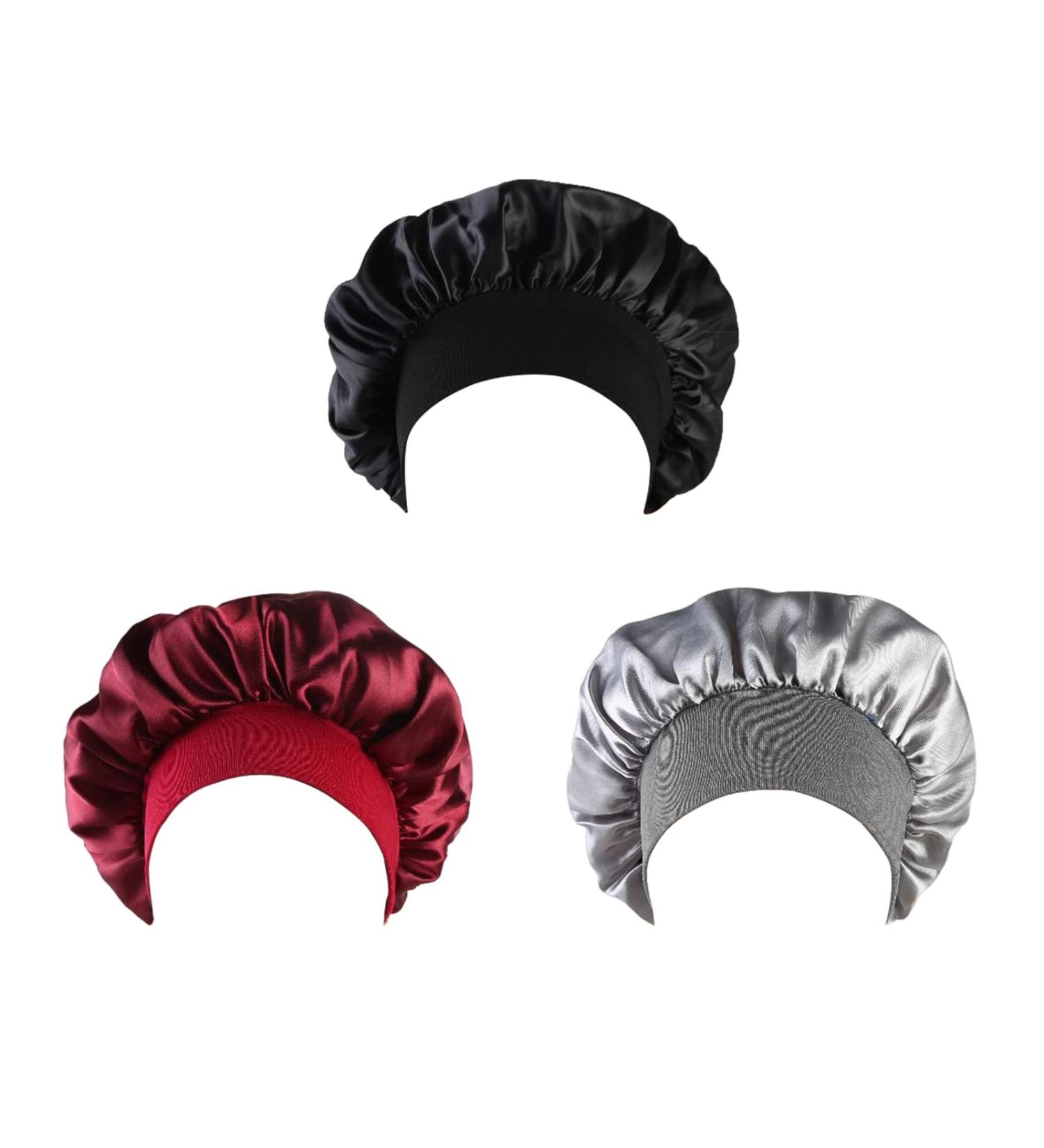 Petyoung 3 Pack Satin Sleep Caps for Women & Girls - Elastic Wide Band Beanie Hat for Curly Hair - Wine Red, Black, Silver - Buy Online on GoSupps.com
