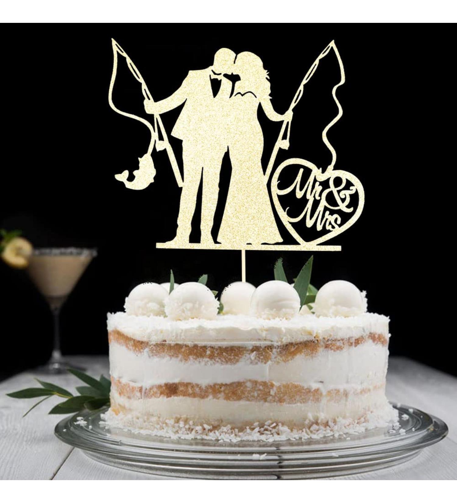 Fishing Wedding Cake Topper - Bride and Groom Fishing Themed Wedding Party Decorations Funny Mr & Mrs Wedding Cake Decors Gold Glitter - Buy Online on GoSupps.com