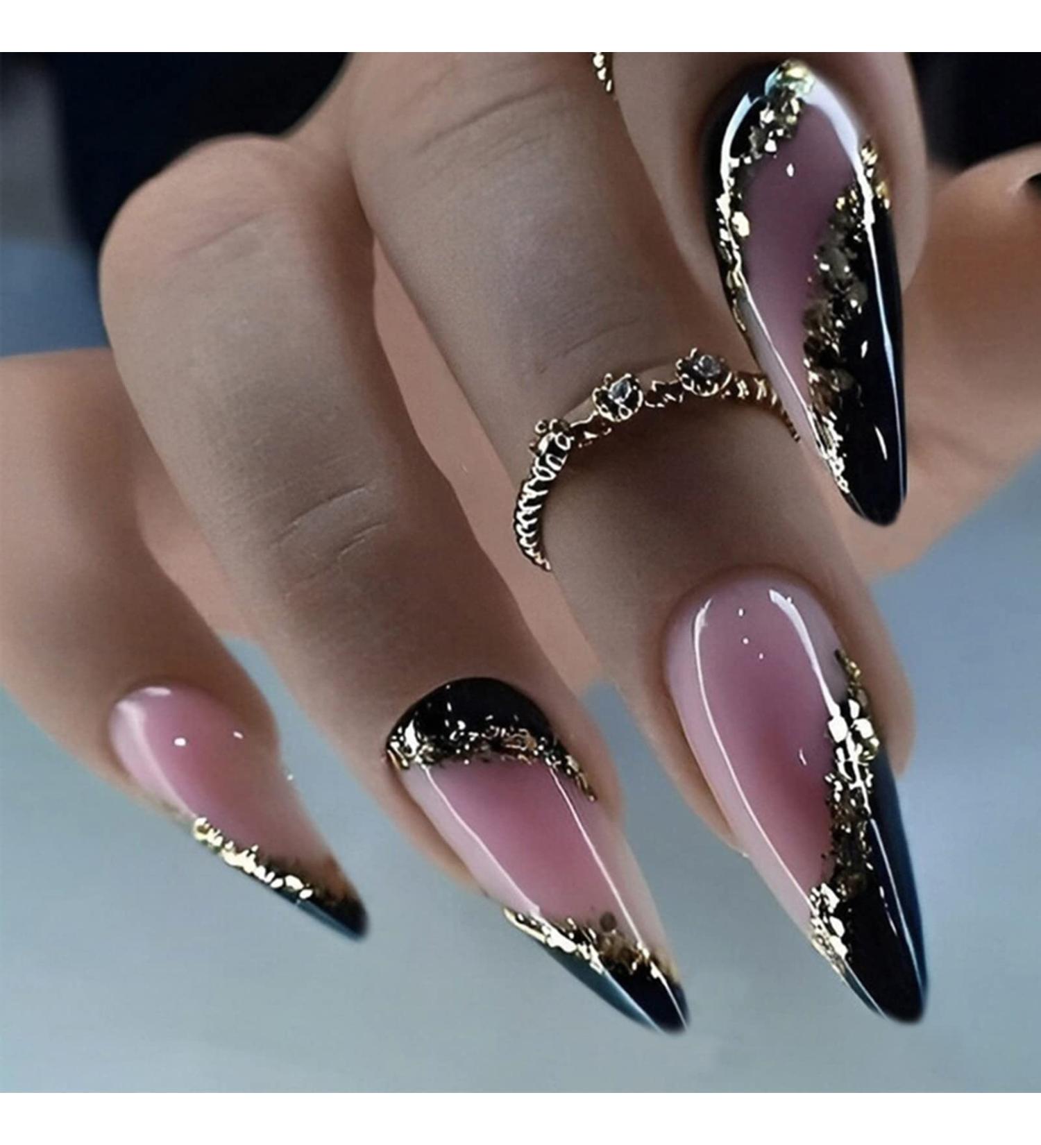 24Pcs Almond Press on Nails Medium Black French Tip with Gold Foil Designs - False Nails for Women Girls - Buy Online on GoSupps.com