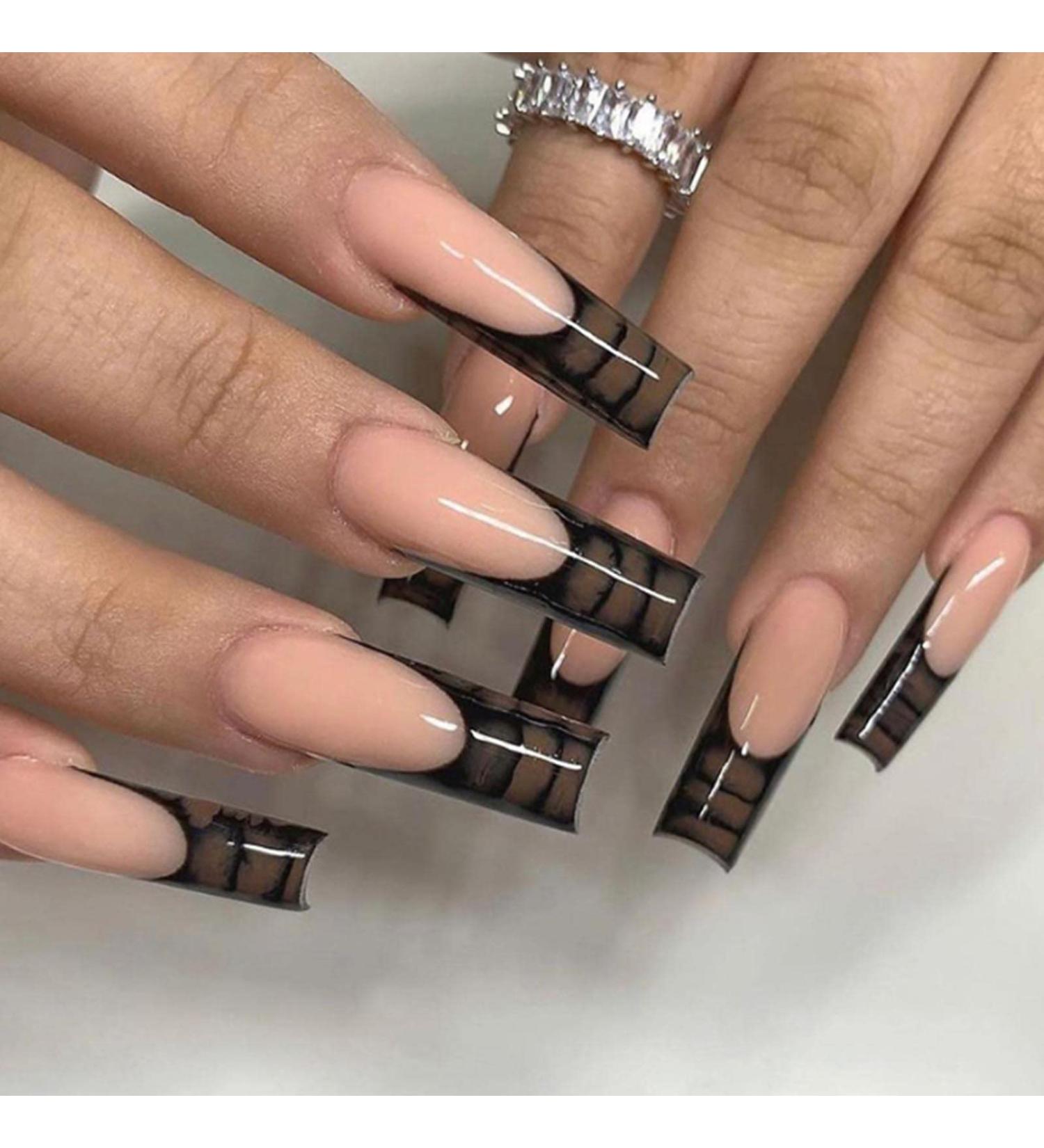 YoYoee Black Long Coffin Press on Nails - 24PCS French False Nails for Women and Girls - Buy Online on GoSupps.com