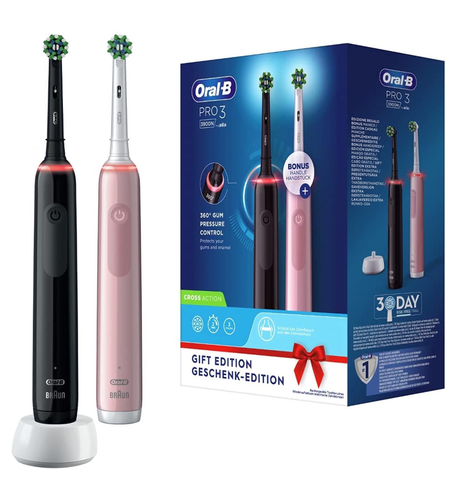 Oral-B Pro 3 3900 Electric Toothbrush Double Pack - 3 Cleaning Modes 360 Visual Pressure Control Perfect Gift for Men & Women - Black/Pink Design - Buy Online on GoSupps.com