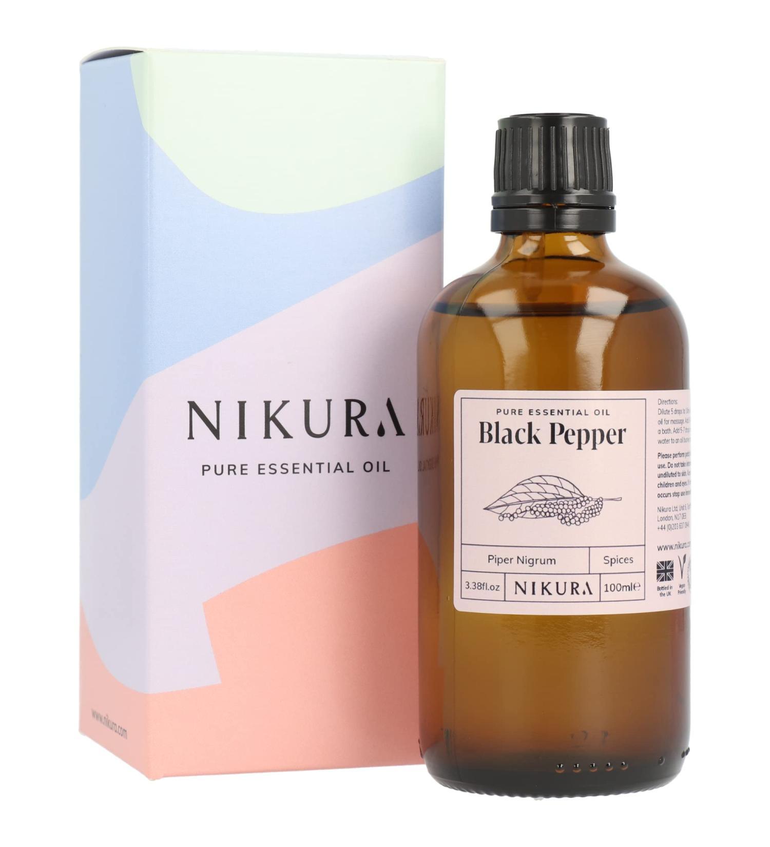 Nikura Black Pepper Essential Oil 100ml - 100% Pure Natural Oil for Aromatherapy, Soap, Candle Making - Stress Relief & Craving Management - Vegan & UK Made - Buy Online on GoSupps.com