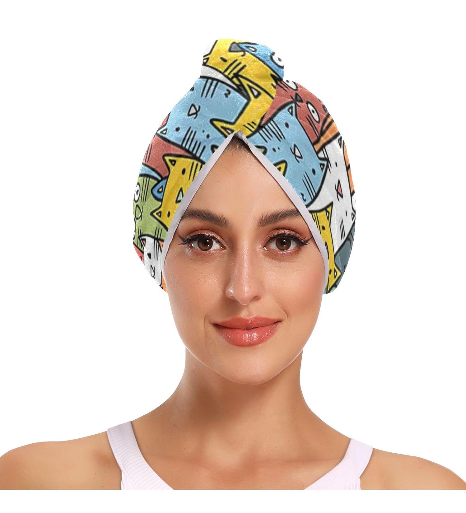 Colorful Cats Hair Towel 2 Pack - Super Absorbent Quick Dry Hair Turbans for Women & Girls - Buy Online on GoSupps.com