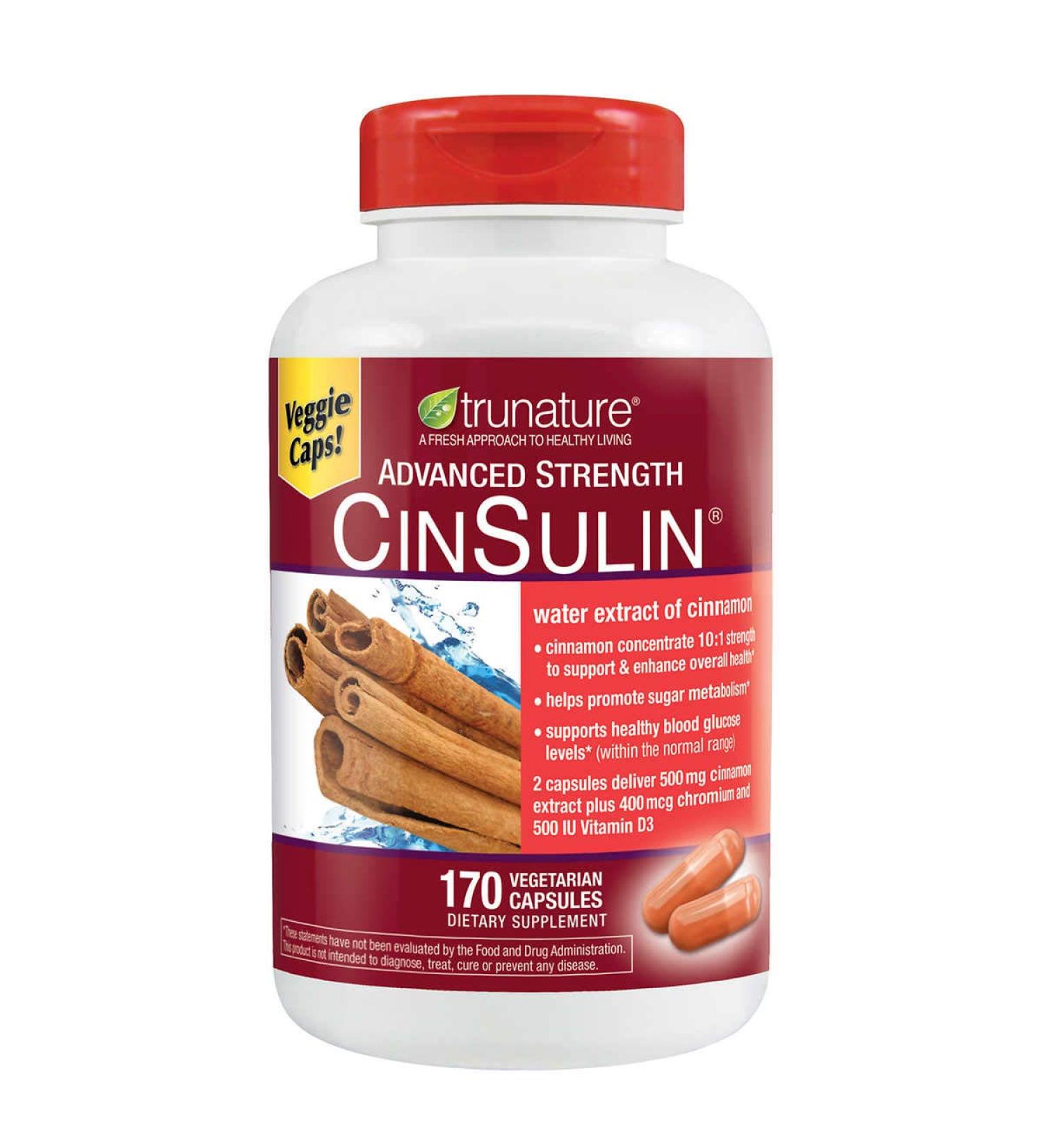 Trunature Advanced Strength Cinsulin Cinnamon Chromium Picolinate Vitamin D3 Cinnamon 500 Mg Chromium Picolinate 400 Mcg Vitamin D3 500 IU  170 Capsules by TruNature