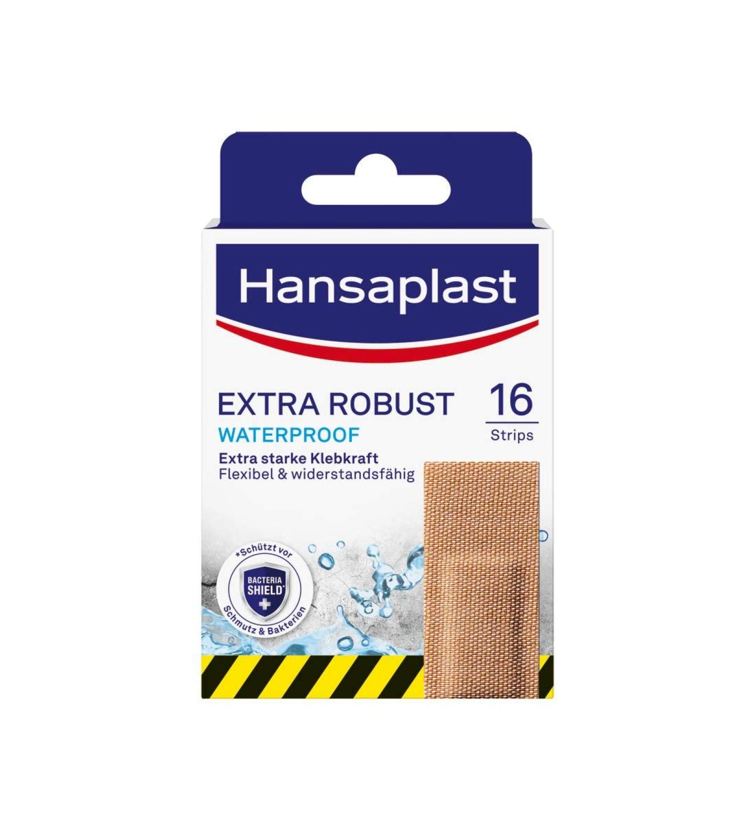 Hansaplast Extra Robust Waterproof Textile Paving - 16 Strips | Strong Adhesive Flexible & Breathable Wound Plaster with Bacteria Shield | International Shipping Available - Buy Online on GoSupps.com