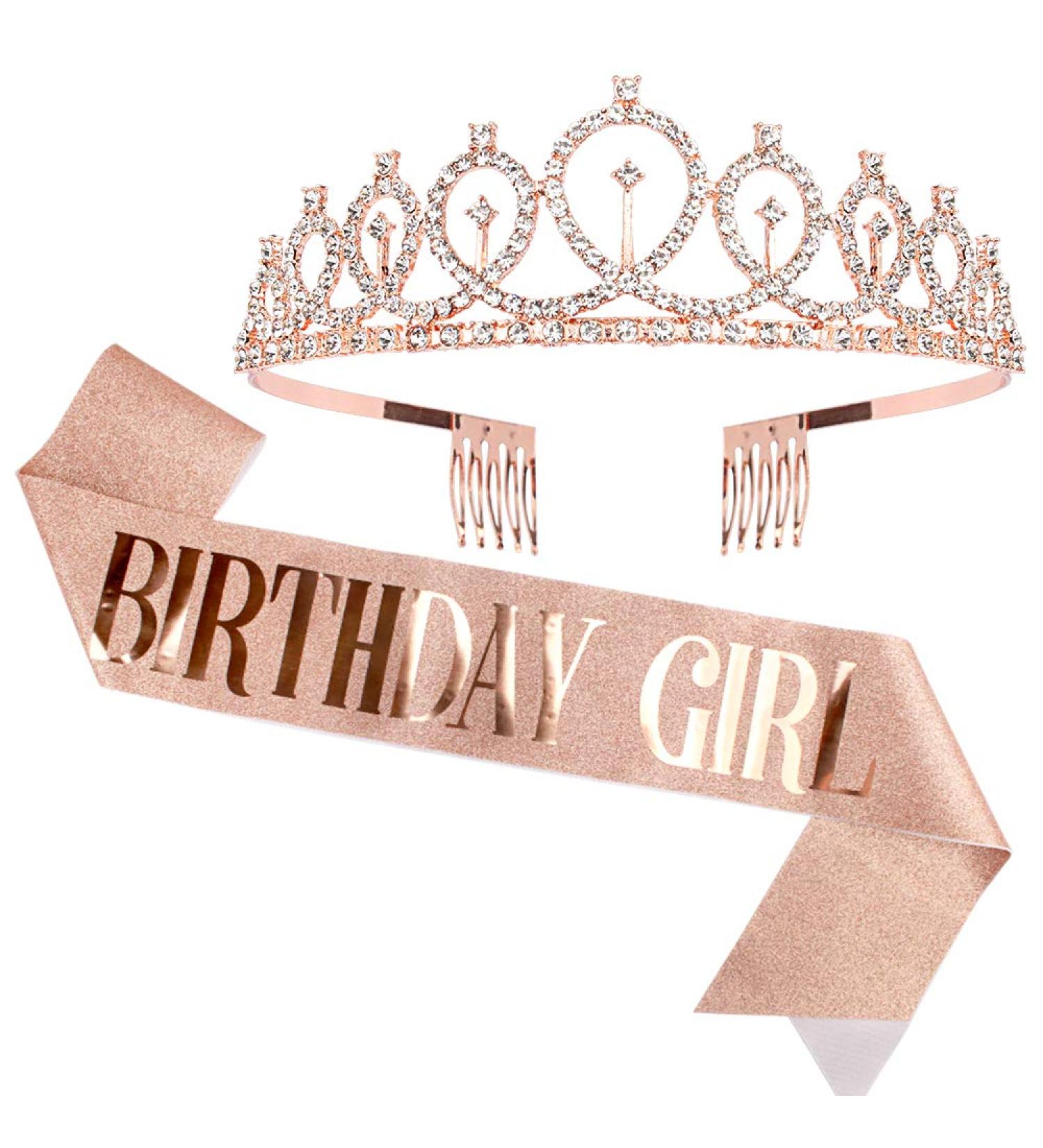Didder Birthday Crown & Sash Set - Rose Gold Rhinestone Tiara for Women | 21st Birthday Party Accessories - Buy Online on GoSupps.com