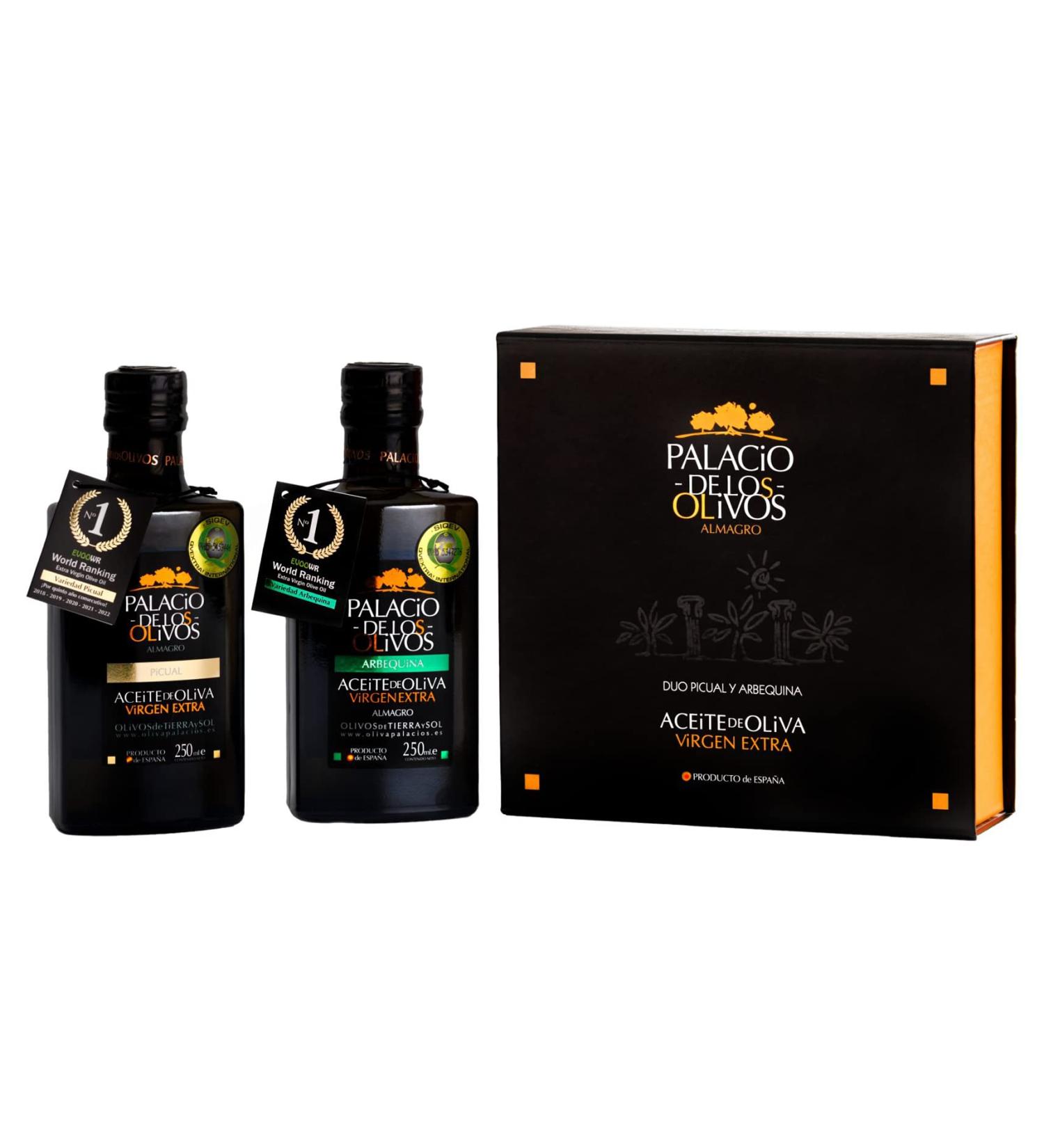 PALACIO DE LOS OLIVOS - DUO Case with Spanish Extra Virgin Olive Oil (Picual and Arbequina Varieties) - Pack 2 bottles of 250 ml - Buy Online on GoSupps.com
